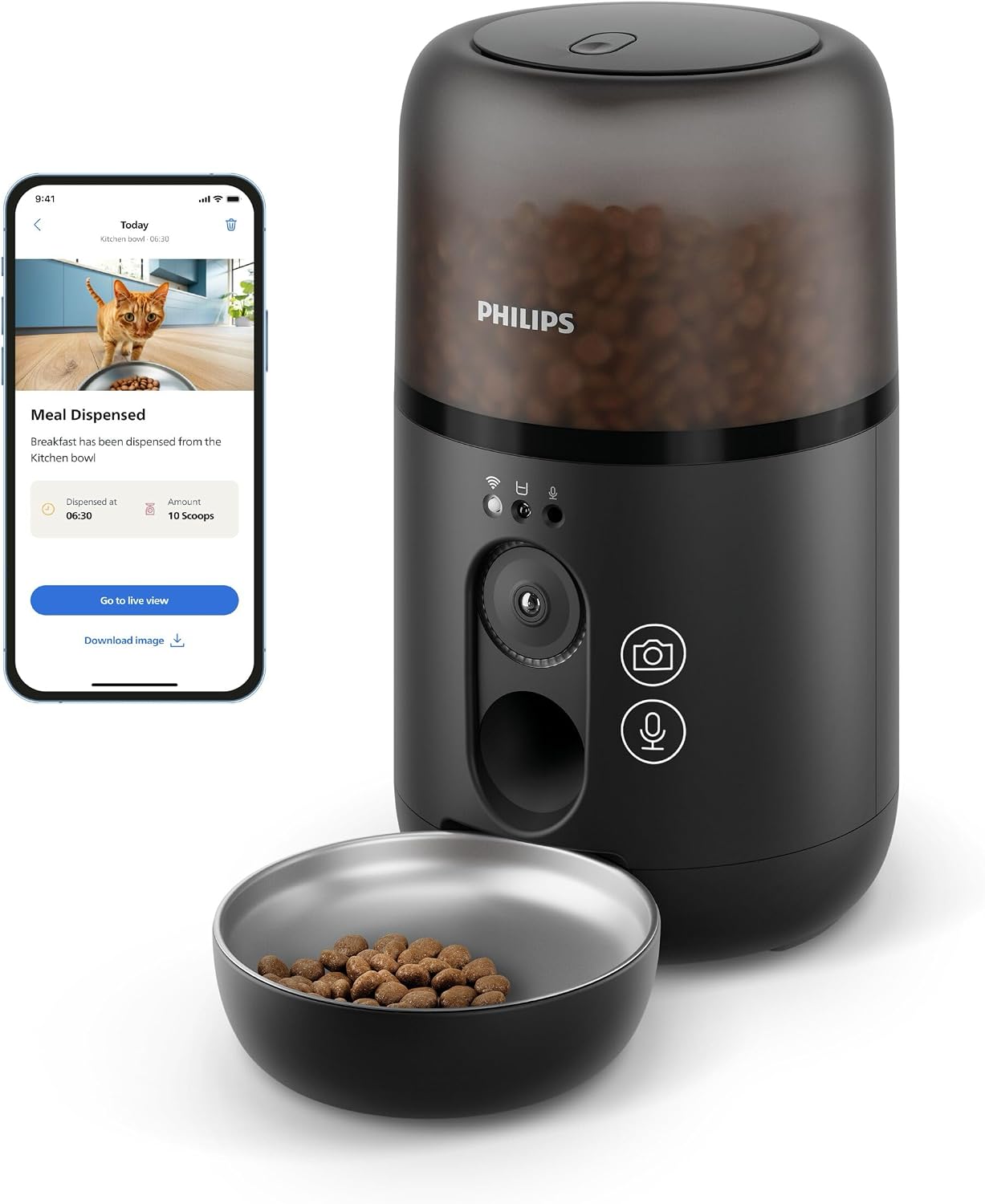 Philips Inteligentny Podajnik Karmy Dla Zwierząt, Wbudowana Kamera, Czujnik Ruchu, Harmonogram Posiłków, Powiadomienia, Technologia Przeciw Zatykaniu, Łatwe Czyszczenie Miska, Aplikacja (PAW5320/02)
