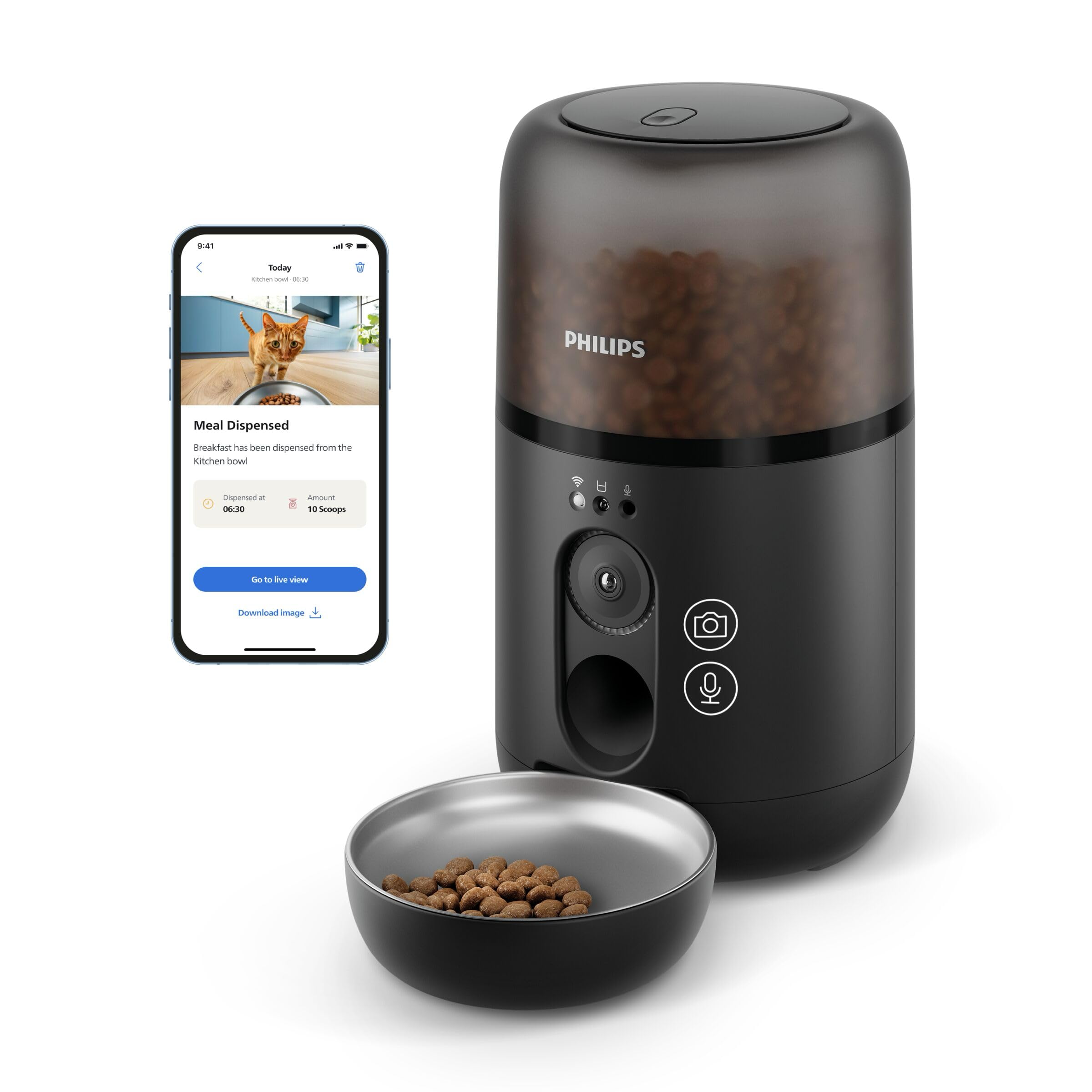 Philips Pet Series Distributore automatico di cibo con videocamera, Rilevazione del movimento, Pianificazione pasti, Avviso di rifornimento, Tecnologia anti-intasamento, Connessione App (PAW5320/02)