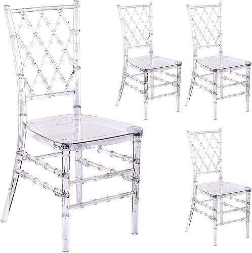 Miniatura 8 de Juego de 4 sillas de comedor transparentes, modernas sillas de boda de 16.1 pulgadas de ancho para adultos, silla fantasma de cristal, silla Ovalada