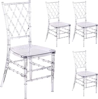 LLS Set of 4 Clear Ghost Dining Chairs, Stackable Acrylic Dining Side Chairs with Nets High-Back, Indoor/Outdoor Wedding Event Chairs for Birthday Party(Transparent)