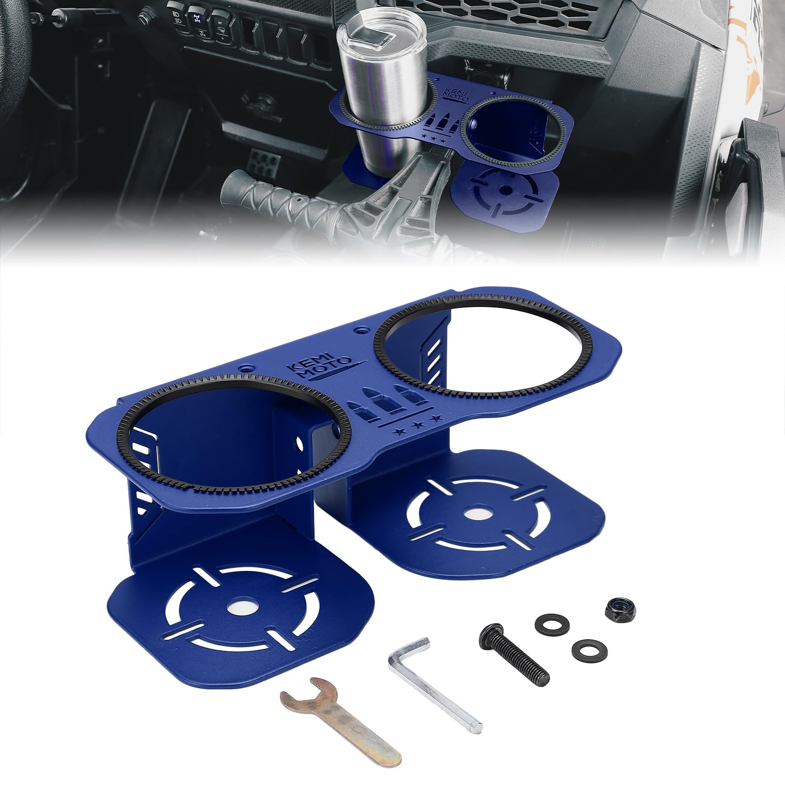 KEMIMOTO Cup Holder for Grab Bar - Compatible with Polaris RZR XP 1000/Turbo/800/900/570/200 - Fits Large Bottles - Blue