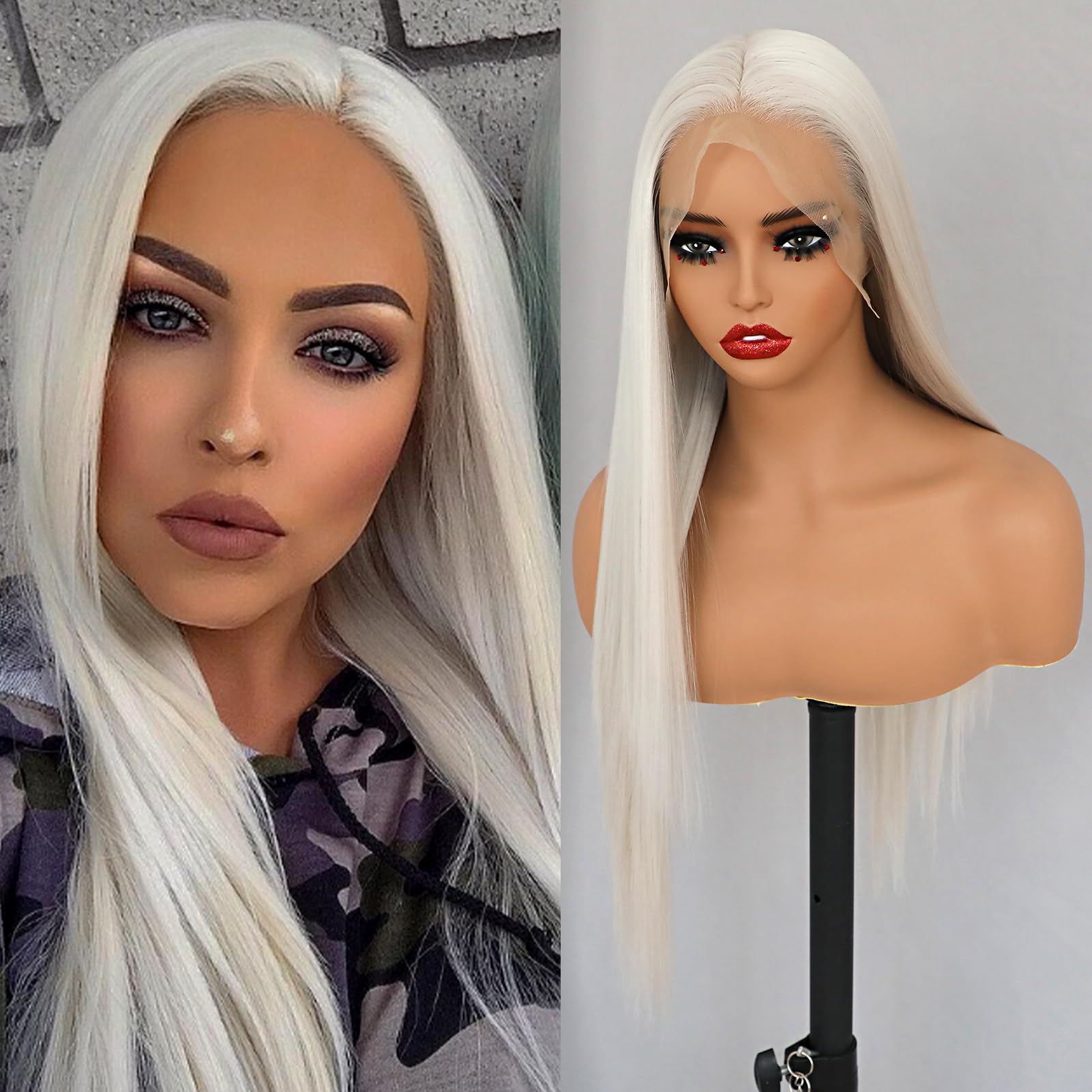 Xiweiya 60# Platinum Blonde Wavy Lace Front Wig Long Natural Wave White Blonde Synthetic Lace Front Wig Silver Blonde Wig Heat Resistant Fiber Wig For Women 24inch
