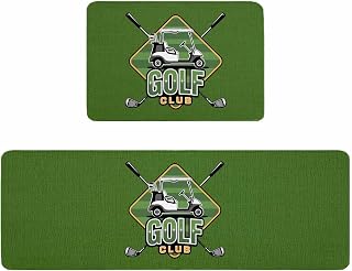 Golf Club Green Kitchen Rugs and Mats Set of 2, Non-Slip Kitchen Sink Mat, Abstract Vintage Golf Sports Washable Doormat Bathroom Rugs Runner for Bedroom 23.6"x35.4"+23.6"x70.9"