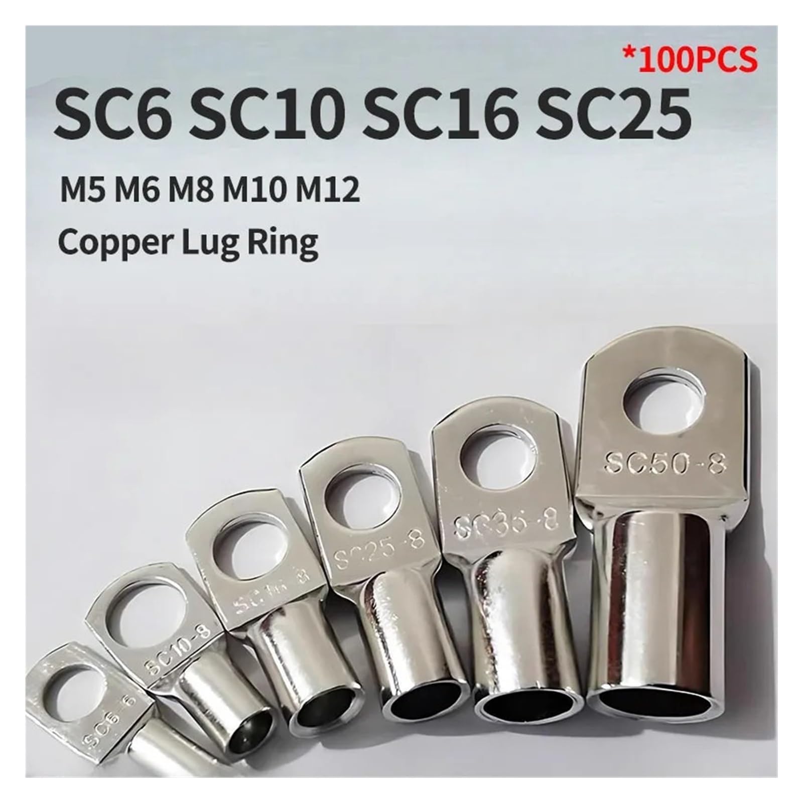 Conector de terminación anular, Terminal de crimpado de anillo de cobre aislado, serie SC, paquete de 100-2000 unidades(Sc16-6 100pcs,1 Lot(100 PCS))