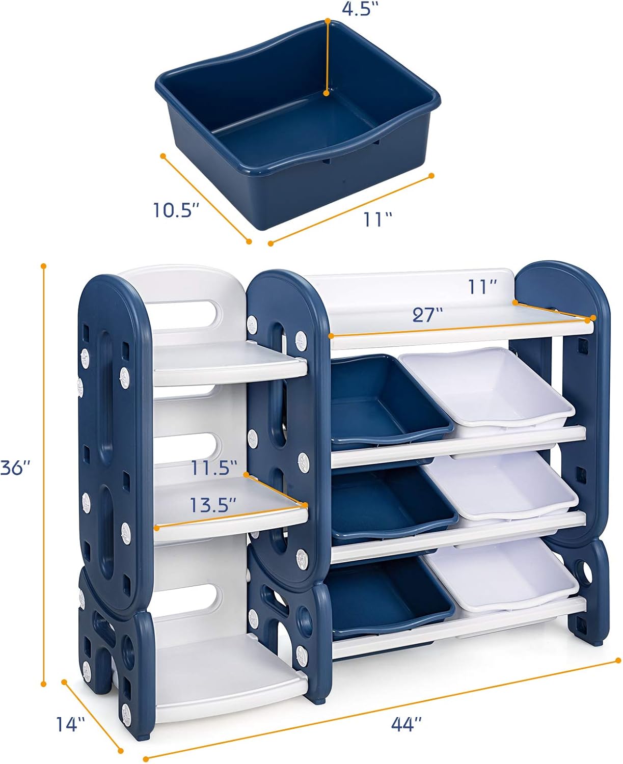 KOTEK Toy Storage Organizer with 6 Removable Toy Bins, 4-Tier Muti-Functional Toy Shelf & 3-Tier Open Shelf, Books and Toys Organization, Kids Bookshelf for Nursery Playroom