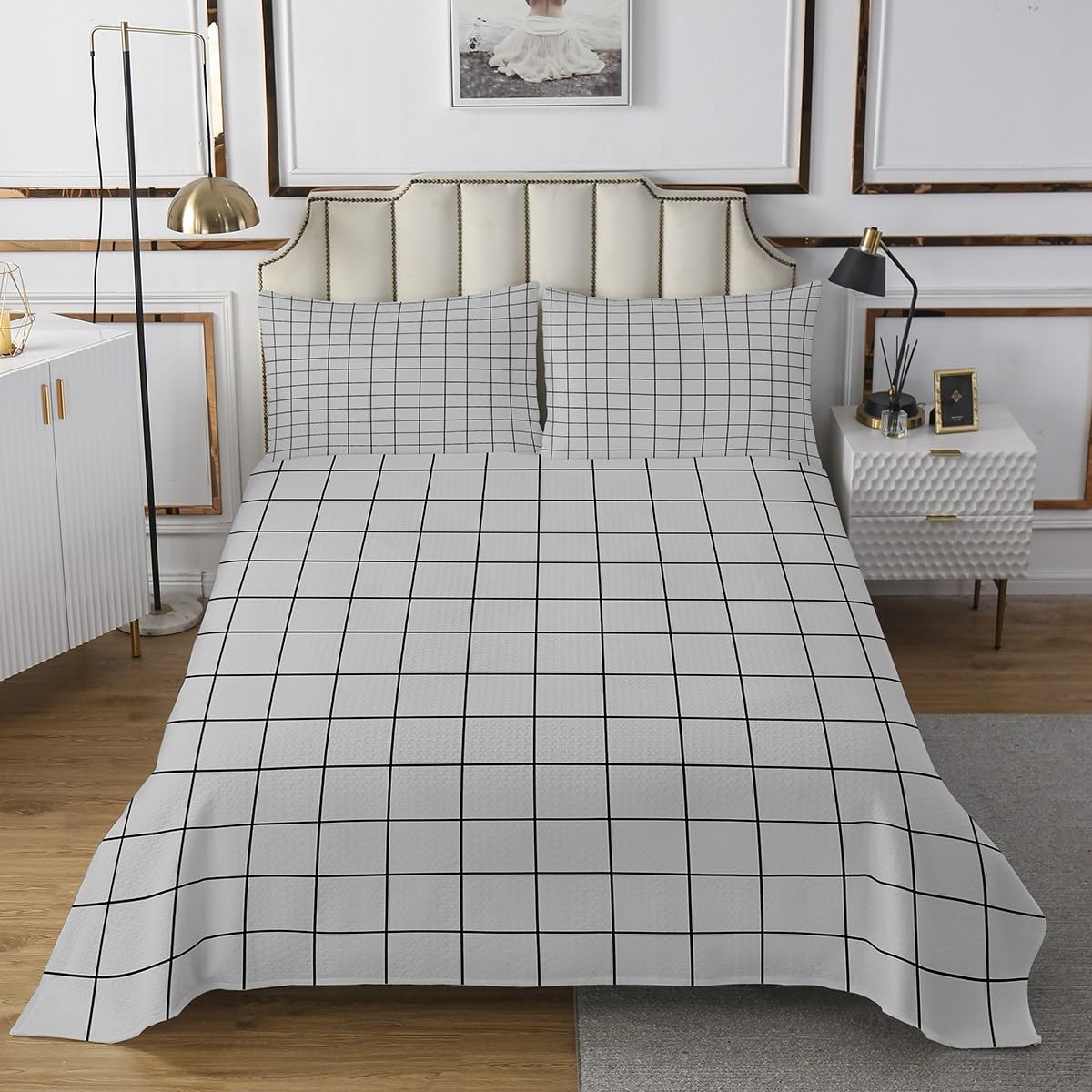 Castle Fairy Gray Grid Bedspread Set Queen Size for Kids,Boys Girls Square Lines Quilt Set Gray White Checkered Coverlet Geometric Bedspread 3 Piece Decorative Bedding Quilted with 2 Pillow Shams