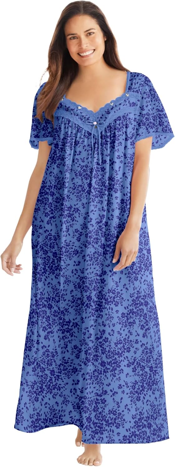 Only Necessities Plus Size Long Silky Lace-Trim Gown