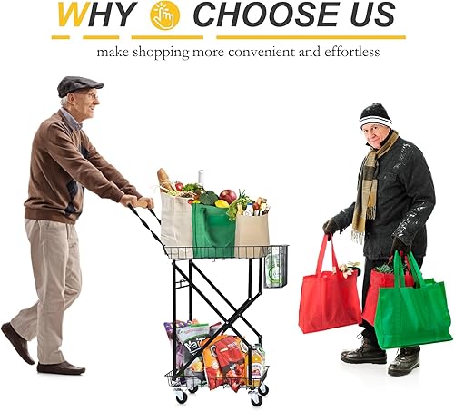 Miniatura 4 de Carritos plegables funcionales multiusos, carrito de compras plegable de 2 niveles con ruedas giratorias de 360  con bloqueo, carrito de comestibles
