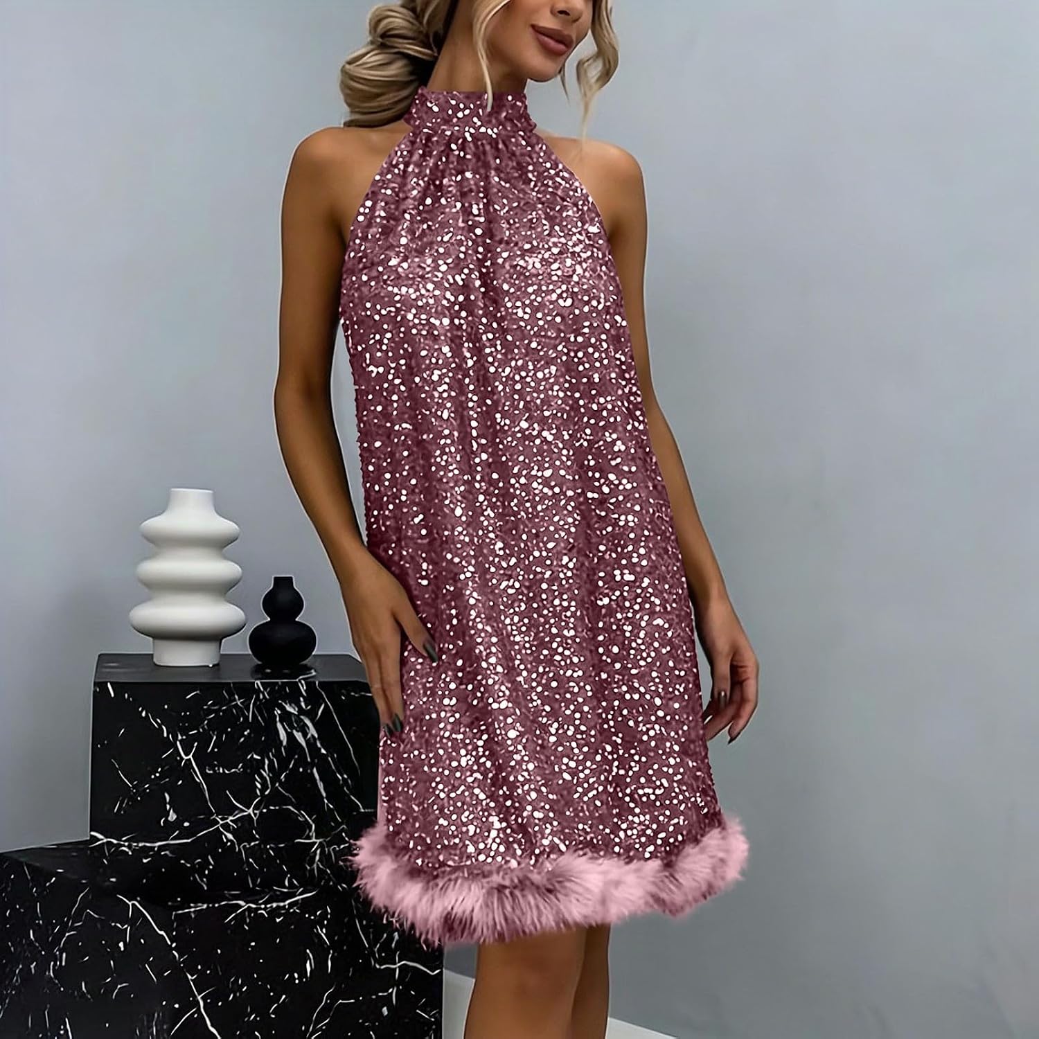 Women's Sequin Halter Cocktail Prom Dresses Trendy Furry Hem Sparkly Glitter Homecoming Bridesmaid Wedding Guest Dress