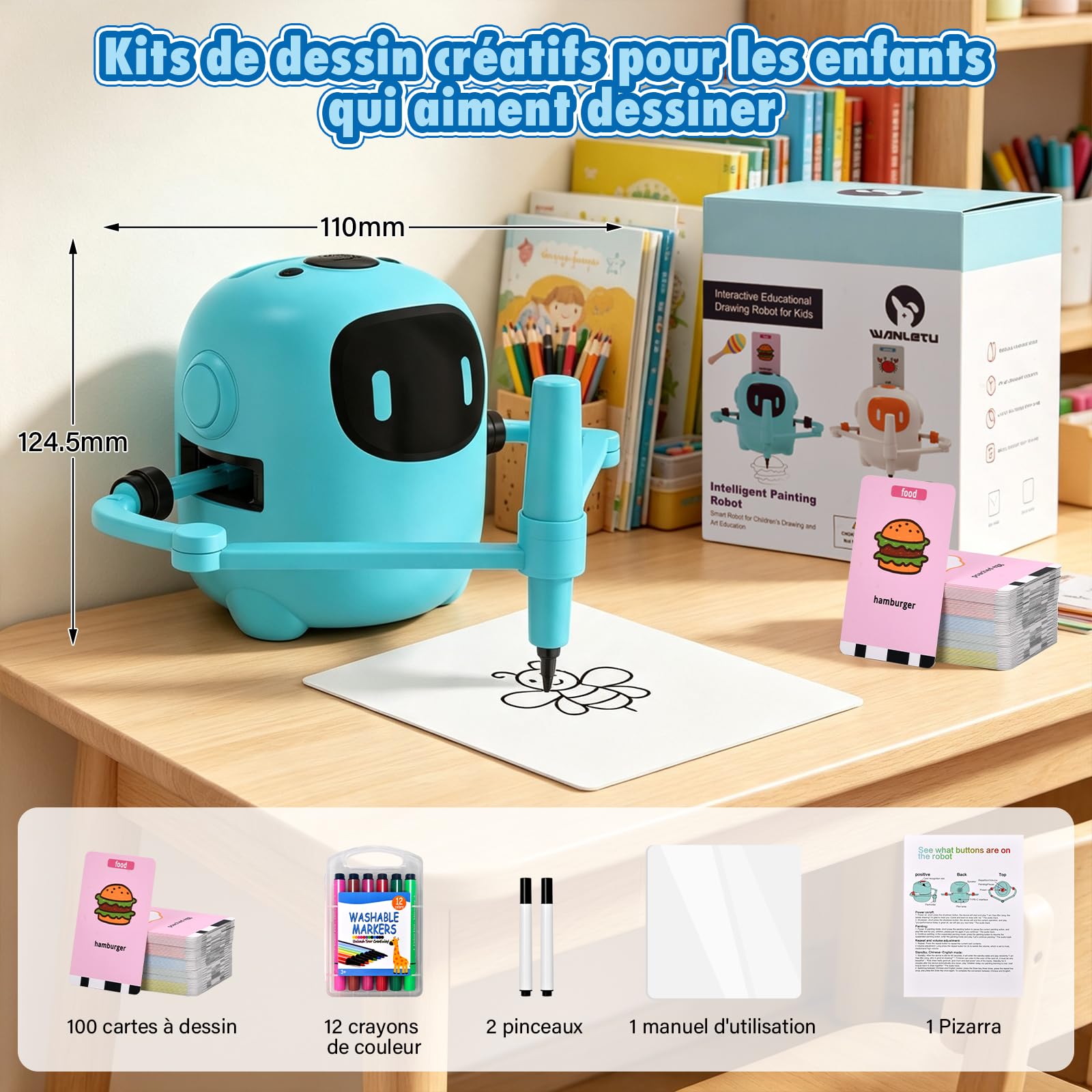 Robot Dessinateur Enfant, Robot de Dessin pour Enfants avec 100 Cartes & 12 Crayons, Interactif avec Fonction Vocale, Jouet éducatif Rechargeable pour Filles et Garçons de 3 à 10 Ans