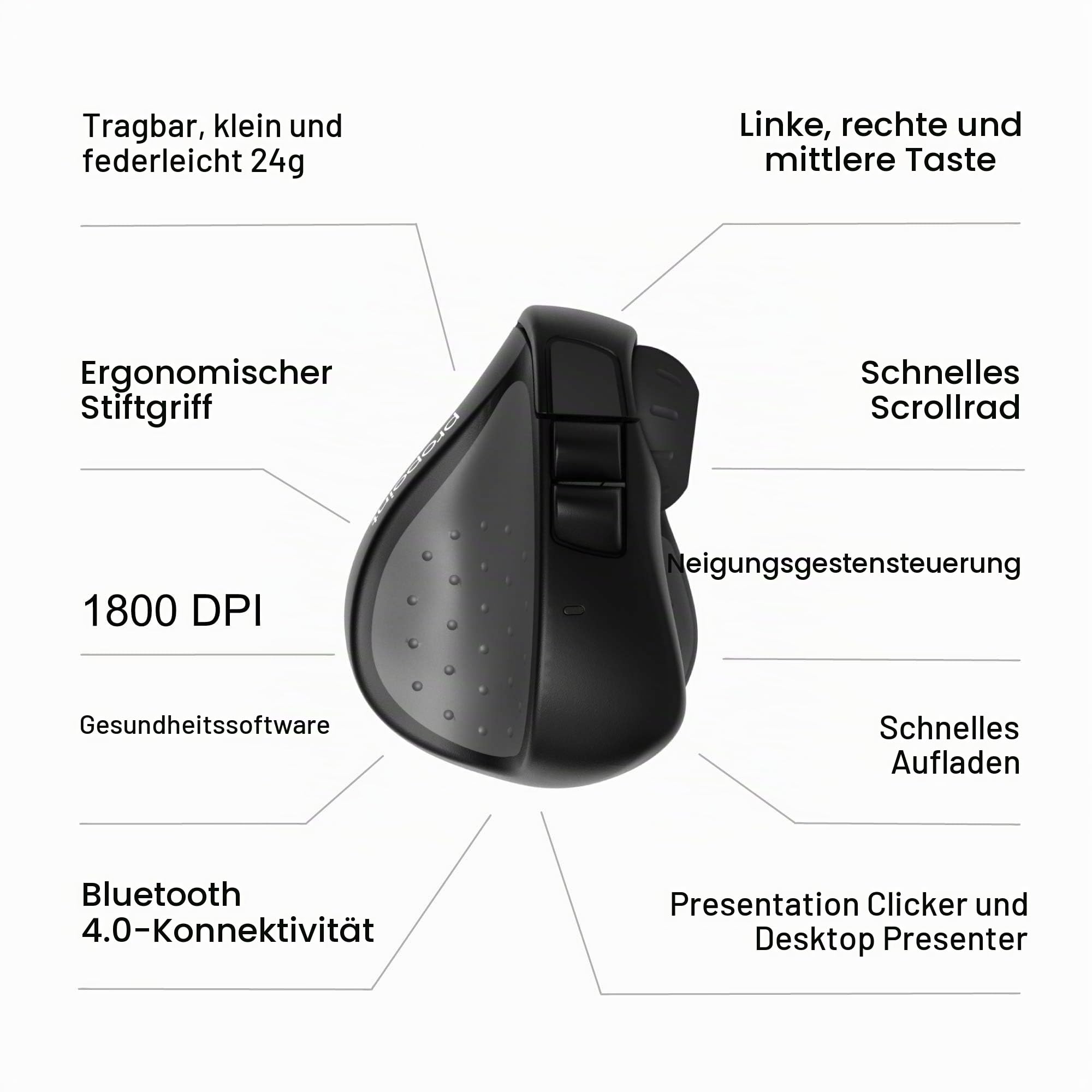 Swiftpoint ProPoint Wireless Ergonomic Mouse & Presentation Clicker with Health Software, Vertical Pen Grip, Virtual Laser Pointer & Spotlight, Compatible with iPad & Includes iOS App, Black/Gray