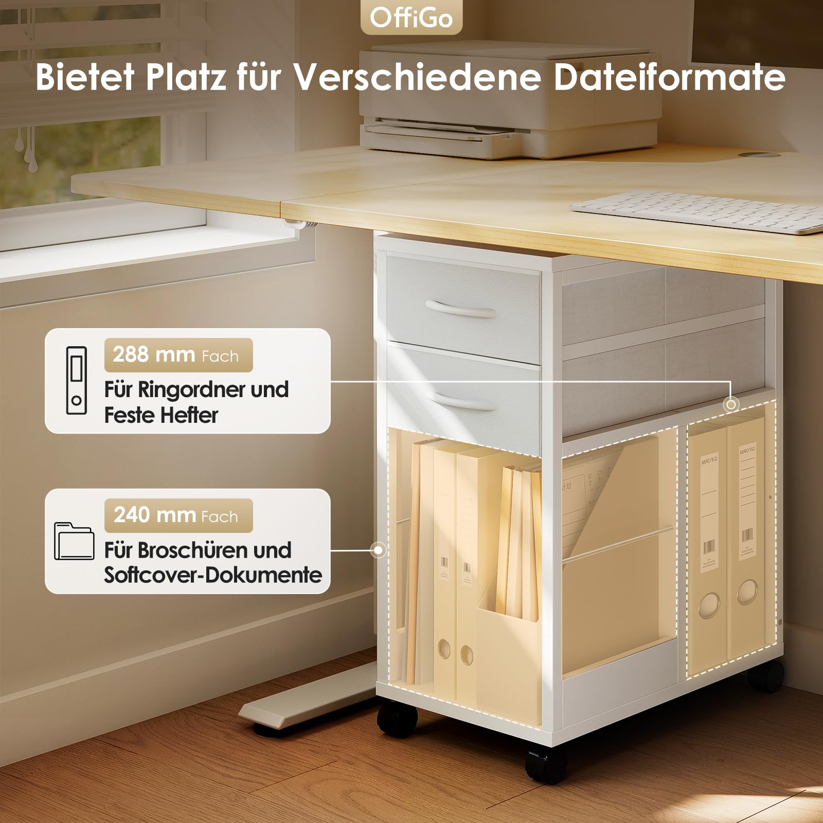 OffiGo Rollcontainer Schreibtisch mit Rollen und 2 Schubladen，Weiß | Rollcontainer mit Wechselbarem Seitenträger und Bremsrollen, Mobiler Büroschrank für A4, Legal & Letter