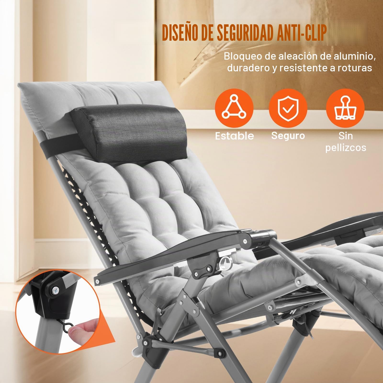 VEVOR Silla de Gravedad Cero 645 mm Sillón Reclinable para Jardín Tumbona para Terraza Capacidad de 226,8 kg Tumbona Antigravedad Ajustable con Cojín Reposacabezas Reposapiés Portavasos, Gris