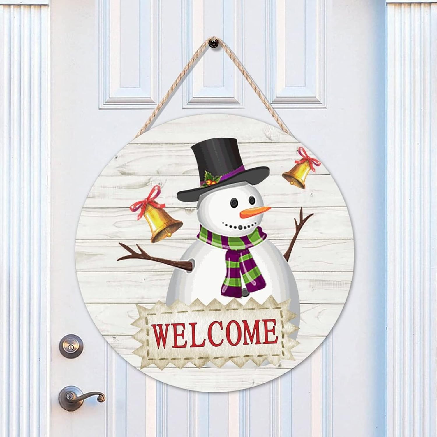 Christmas Snowman Welcome Front Door Round Welcome Wood Sign, Snowman Welcome Wood Door Sign, 16x16in Winter Welcome Wall Hanging Sign Plaque Decor for Outdoor Front Porch Farmhouse