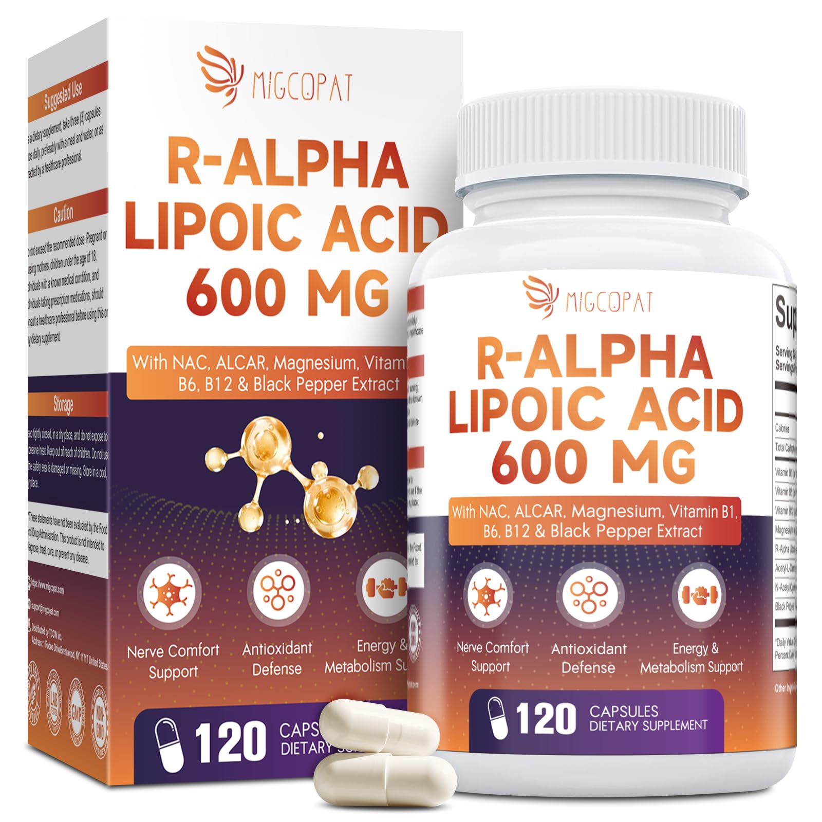 Migcopat R Alpha Lipoic Acid 600mg for Neuropathy Support, 120 Capsules