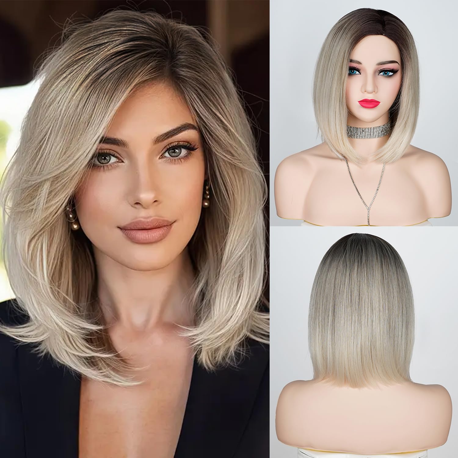 Ombre Gray Bob Wig 14 Inch Short Straight Bob wig for Women Short Bob Wigs Heat Resistant Fiber Synthetic Middle Part Cosplay Costume Party Wigs