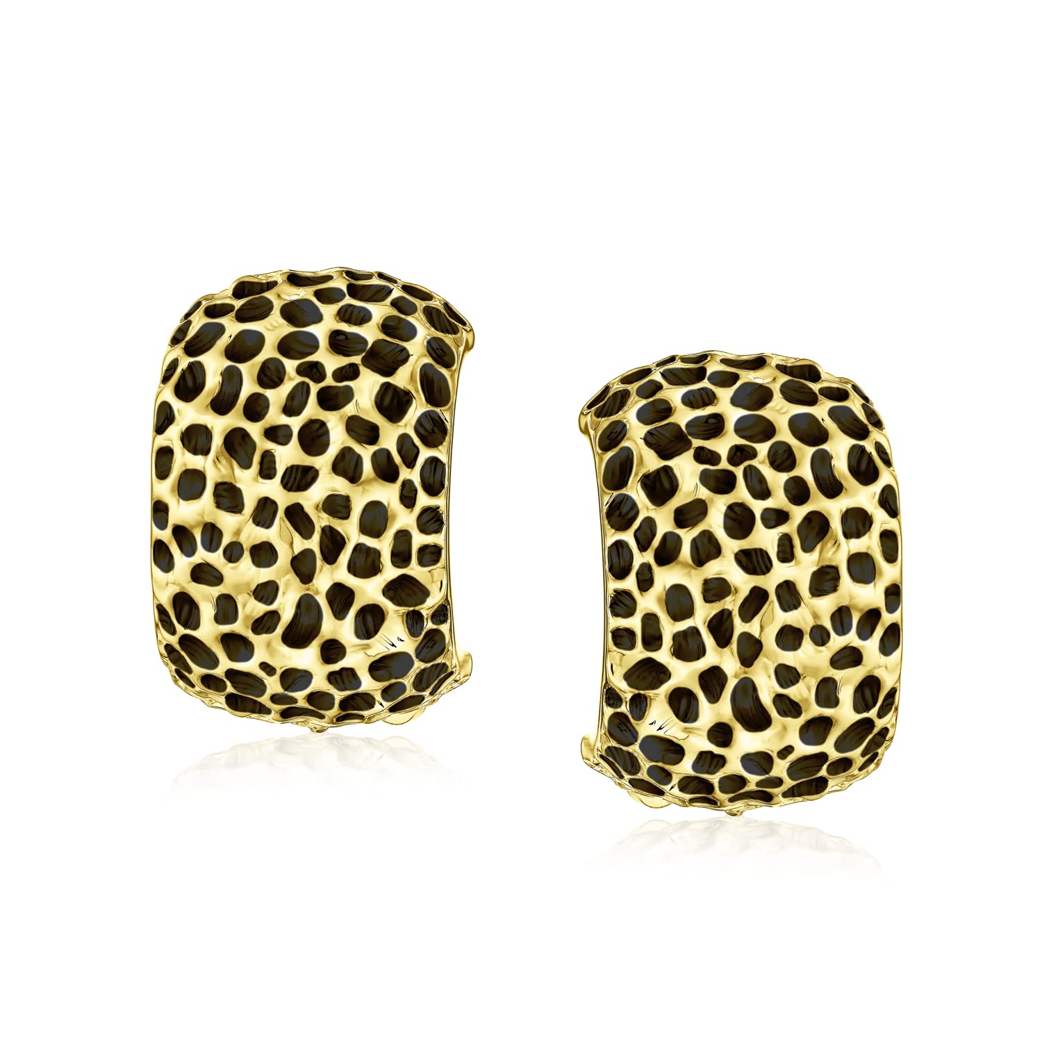 Set di due orecchini a clip a mezza cerchio con texture maculata martellata leopardata per donne senza orecchie forate placcati in nero, argento e oro.