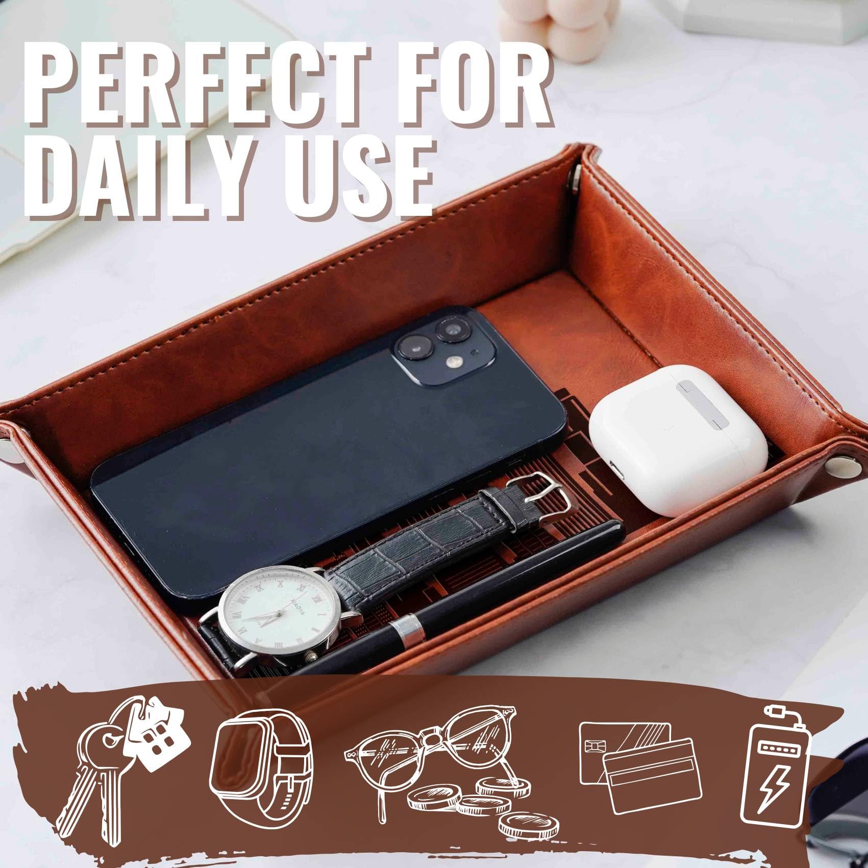 InnoBeta Chicago City Skyline Gifts for Chicago Lovers, Chicago Souvenir, Skyline Map Valet Tray for Him, Male, Boyfriend, Son, Husband, Dad, Desktop Organizer PU Leather Tray