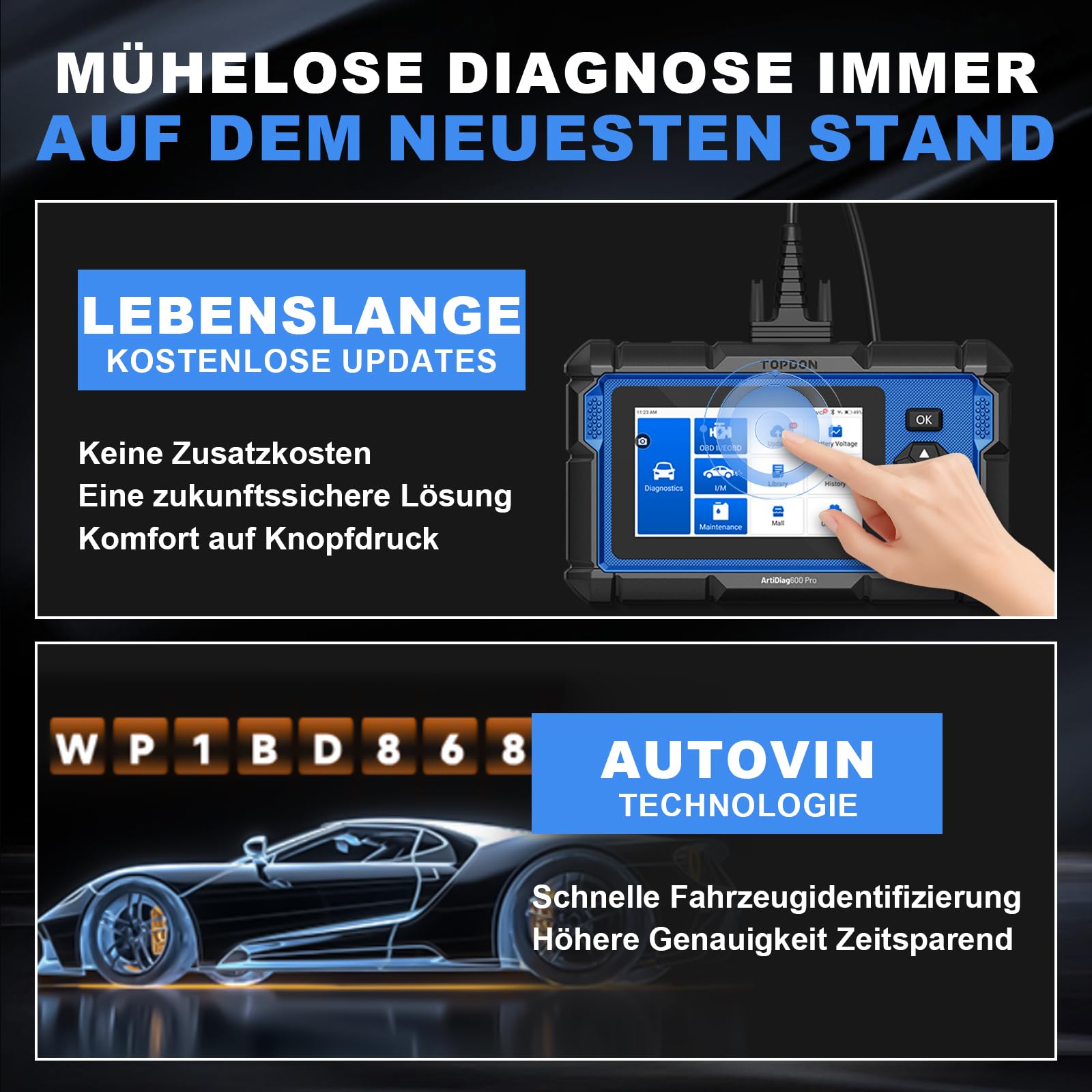 TOPDON ArtiDiag600 Pro, OBD2 Diagnosegerät Auto, Diagnosegerät für alle Fahrzeuge, 9 Servicefunktionen für Öl/ABS/DPF/SRS/SAS/Injektorcodierung, Lebenslange kostenlose Updates