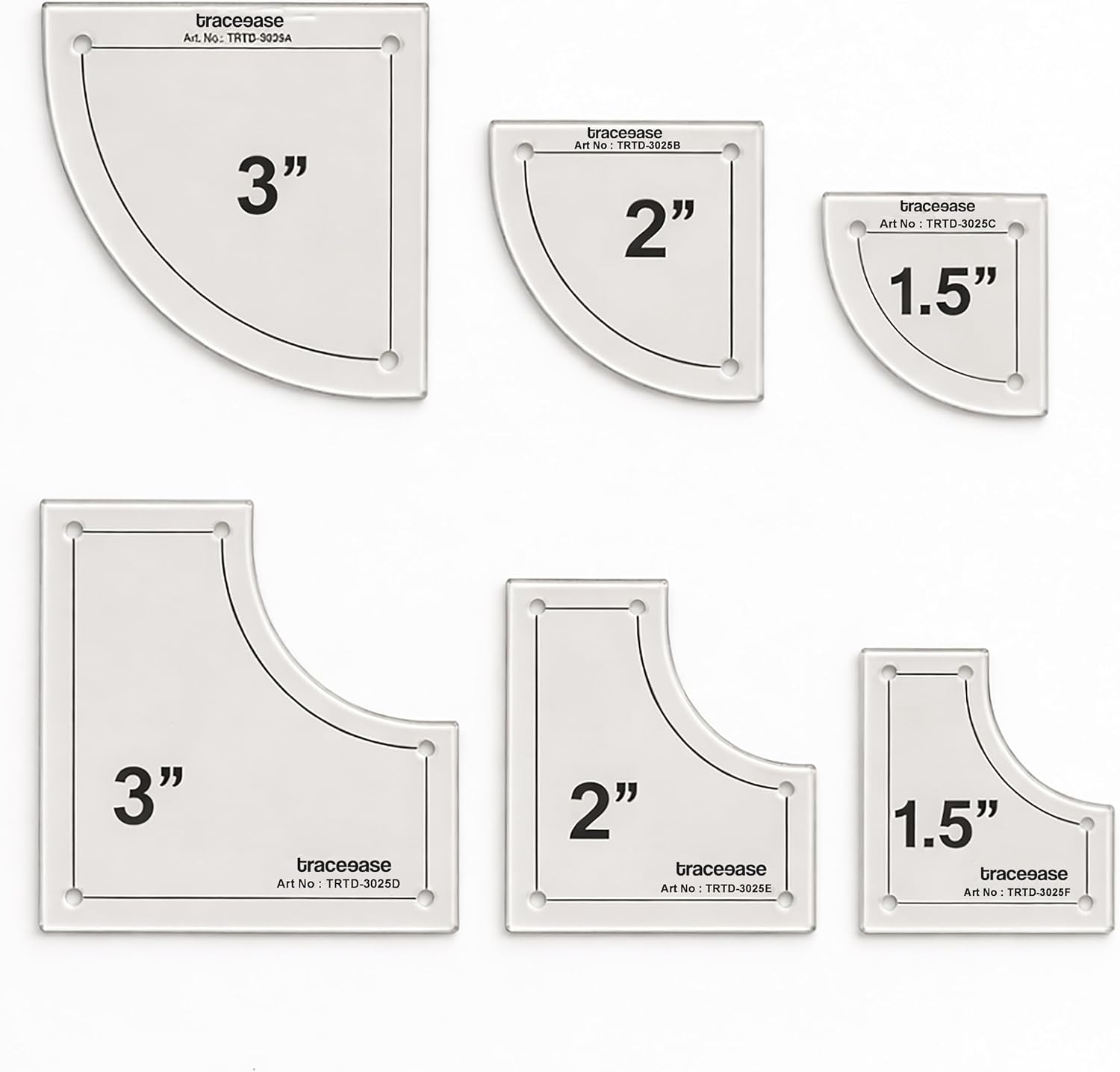 Traceease Drunkard’s Path Quilting Template Set – 3 Pc (6”, 8”, 10”) 4mm Thick Clear Acrylic Curved Rulers with 1/4” Seam Allowance for Patchwork & Fabric Cutting