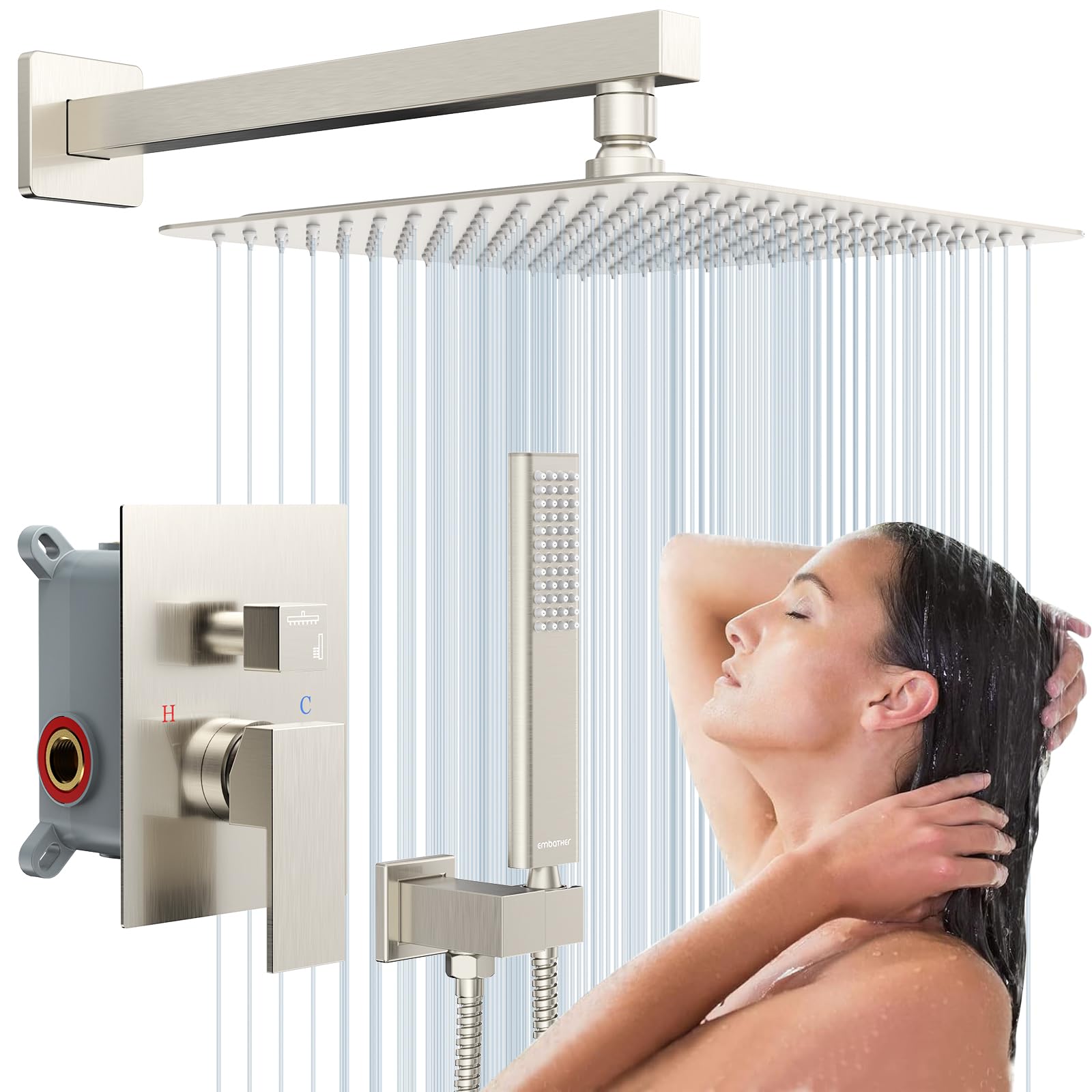 EMBATHER Duschsystem 30.5 cm Duscharmatur-Set für Badezimmer, luxuriöses Regenmischer, Kombi-Set, Wandmontage, Regenfall, enthält raues Ventil und Zierleiste, gebürstetes Nickel