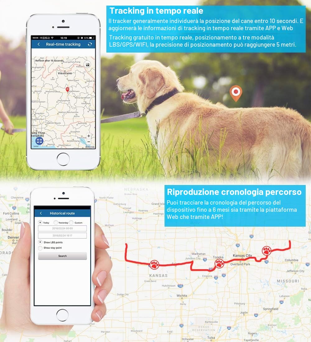 Winnes 4G Collare GPS per Cane Cani 3000mAh Localizzatore GPS Tracker Monitoraggio in Tempo Reale App/Piattaforma Gratuita con Statistica Dati IP67 Tracker Impermeabile Allarme Luce/Suono