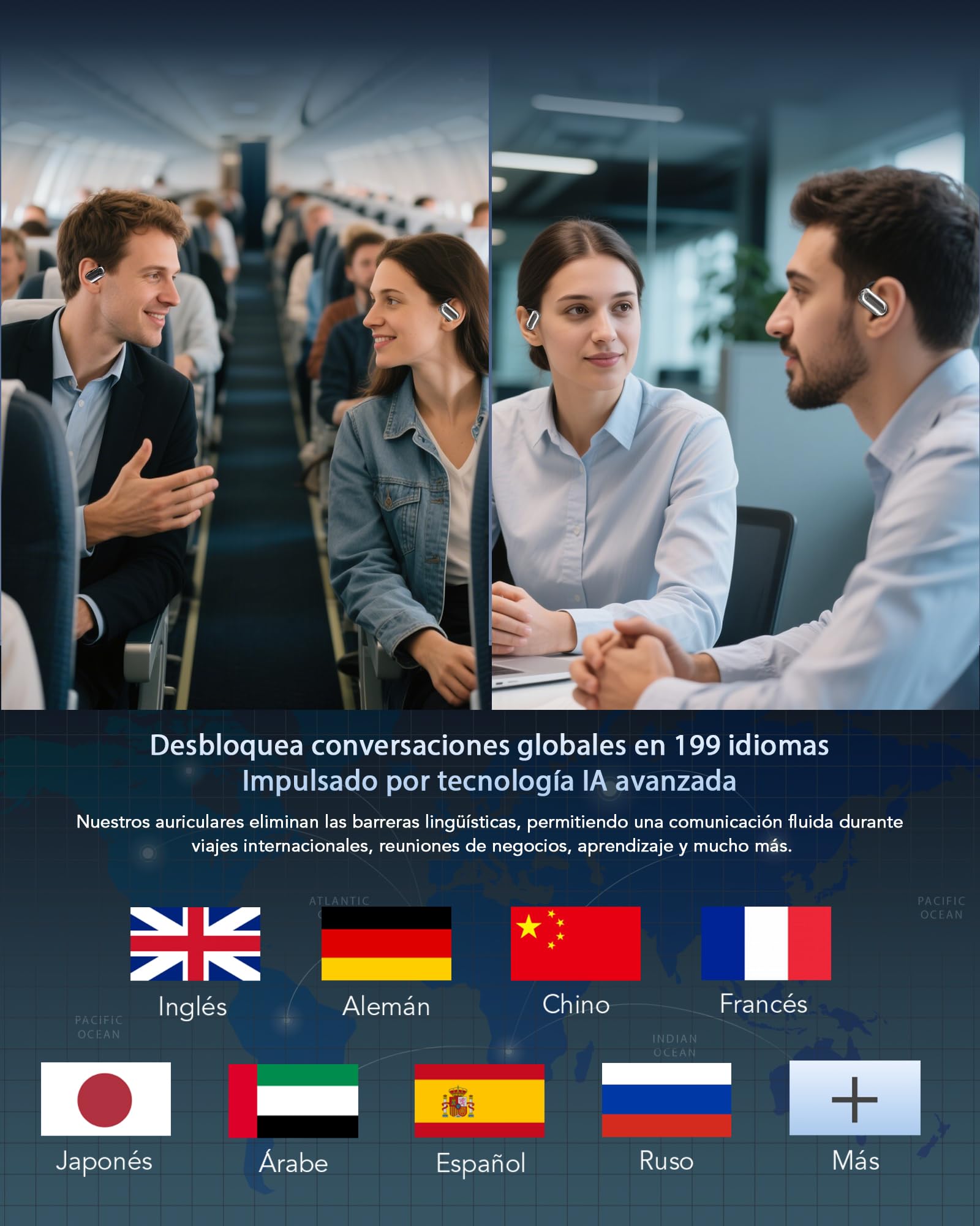 Auriculares Traductor en Tiempo Real con IA, traductor instantaneo de voz en 199 Idiomas, Auriculares Traductores Abiertos con Pantalla Táctil LED, Bluetooth 6.1, 80H batería, IPX7, viajes y reuniones