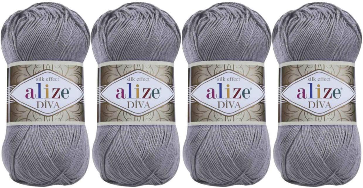100% Microfiber Acrylic Alize Diva Silk Effect Knitting Sport Crochet Yarn Lot of 4 Ball skeins 400gr 1532yds Color (348 Smoky)