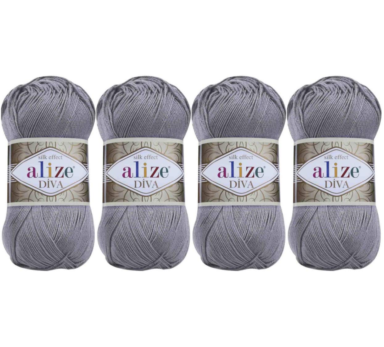 100% Microfiber Acrylic Alize Diva Silk Effect Knitting Sport Crochet Yarn Lot of 4 Ball skeins 400gr 1532yds Color (348 Smoky)