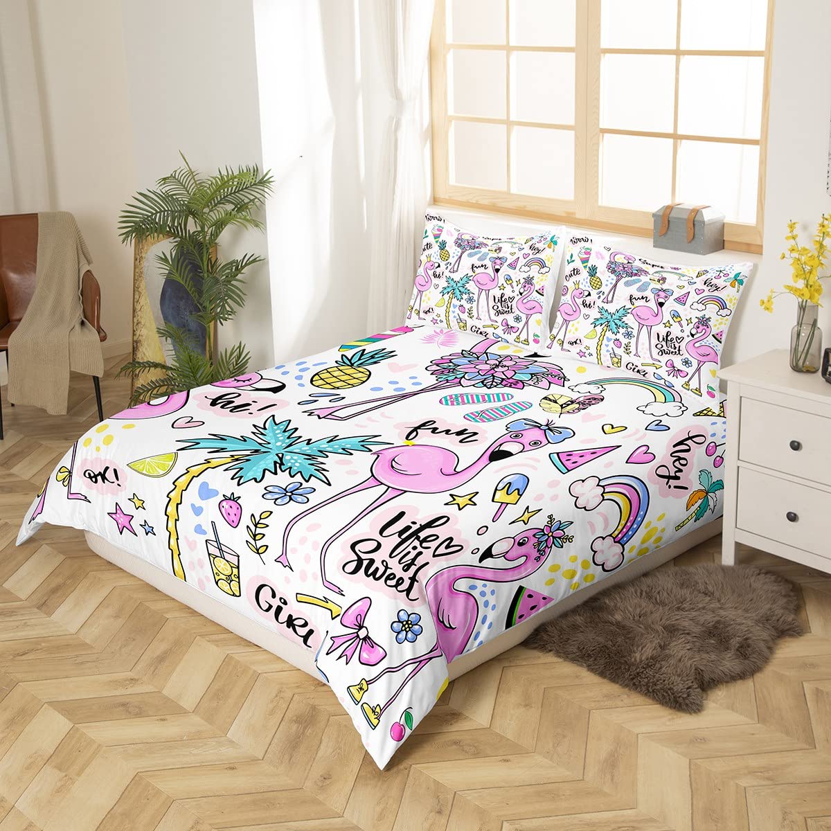 Homewish Rosa Flamingo Bettwäsche für Mädchen Frauen Nette Tier Flamingo Dekor Bettbezug 135x200,Hawaii Urlaub Stil Abdeckung Sommer Tropische Früchte Palmenblätter Romantisches Thema Bettwäsche