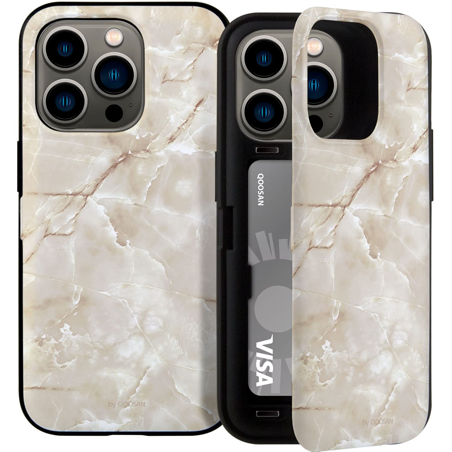 Qoosan Designed for iPhone 14 Pro Case with Card Holder Wallet Kickstand Mirror Protective Shockproof Slim Phone Case, Marble White