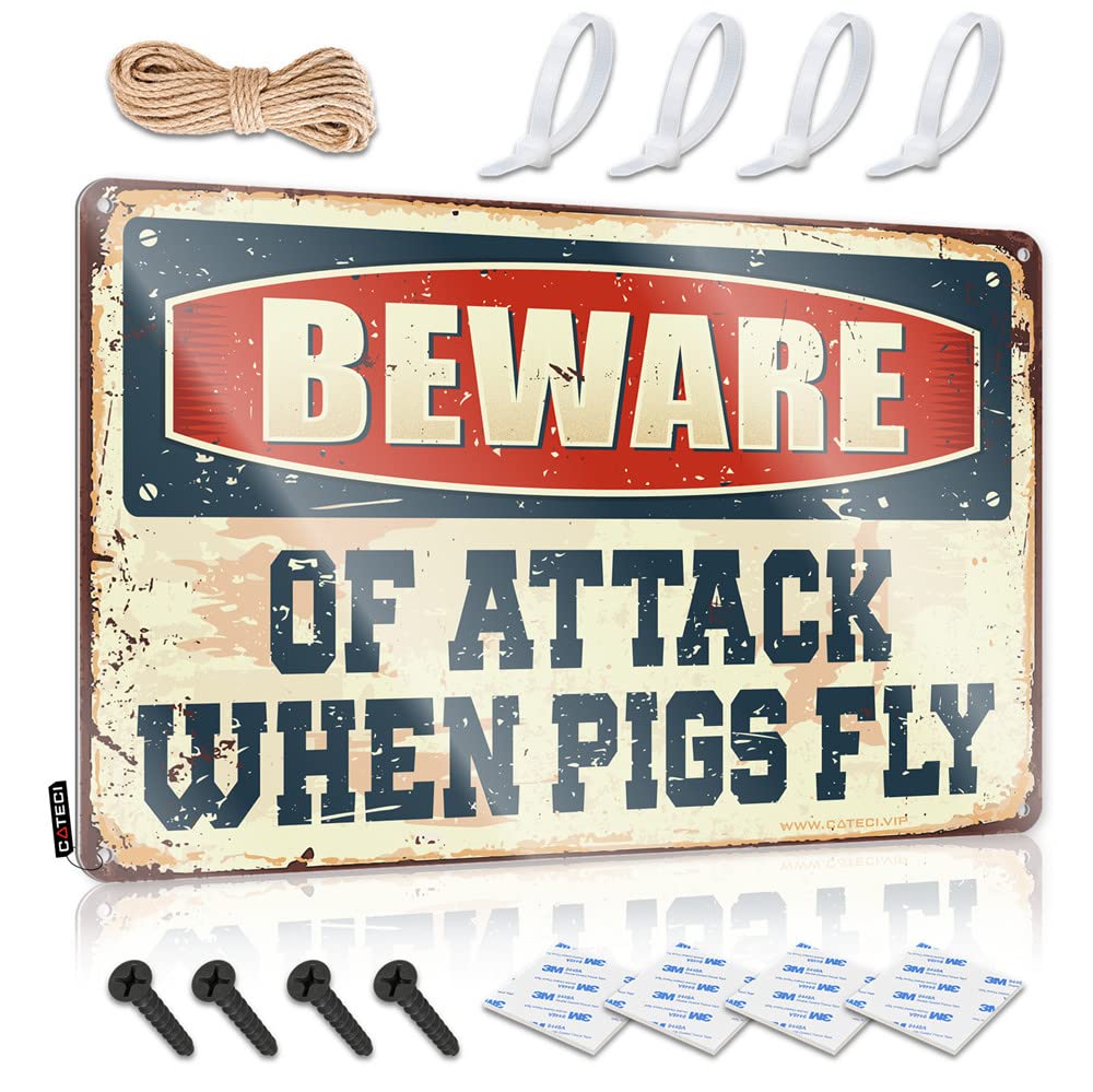 Mwfkkaddb One Color Tin Metal Sign Beware Of Attack When Pigs Fly Sign Man Cave Funny Signs Funny Tin Signs Vintage(30X40cm)