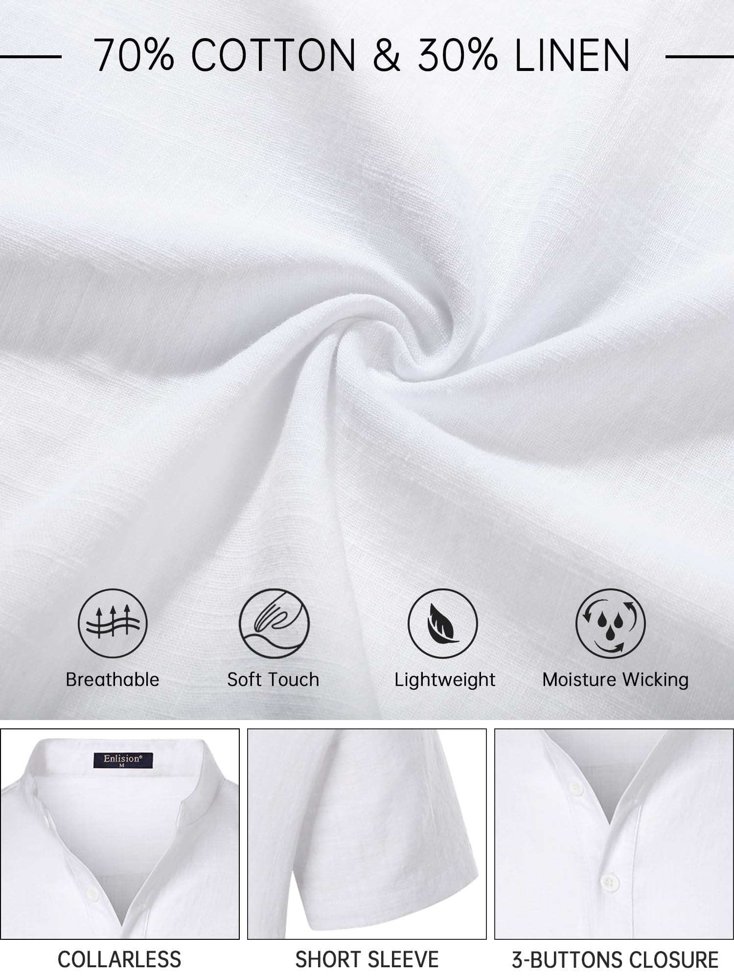 Enlision Camisa Lino Hombre Manga Corta Verano Camisas Casual para Hombres Cuello Mao Ibicenca Camiseta con Botones Algodón Color Sólido Ropa S-4XL
