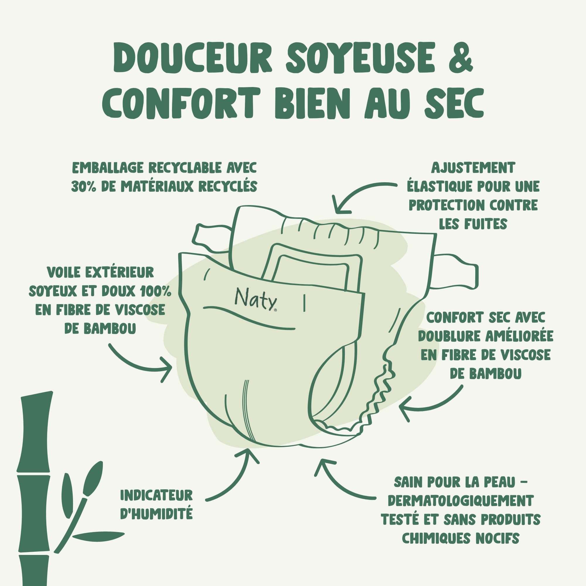 Naty Bamboo - Couches pour Bébé en fibres de viscose de bambou – Douceur soyeuse, Couches à base de plantes, Testées dermatologiquement pour peau sensible et super absorbantes (Taille 3, 156 unités)