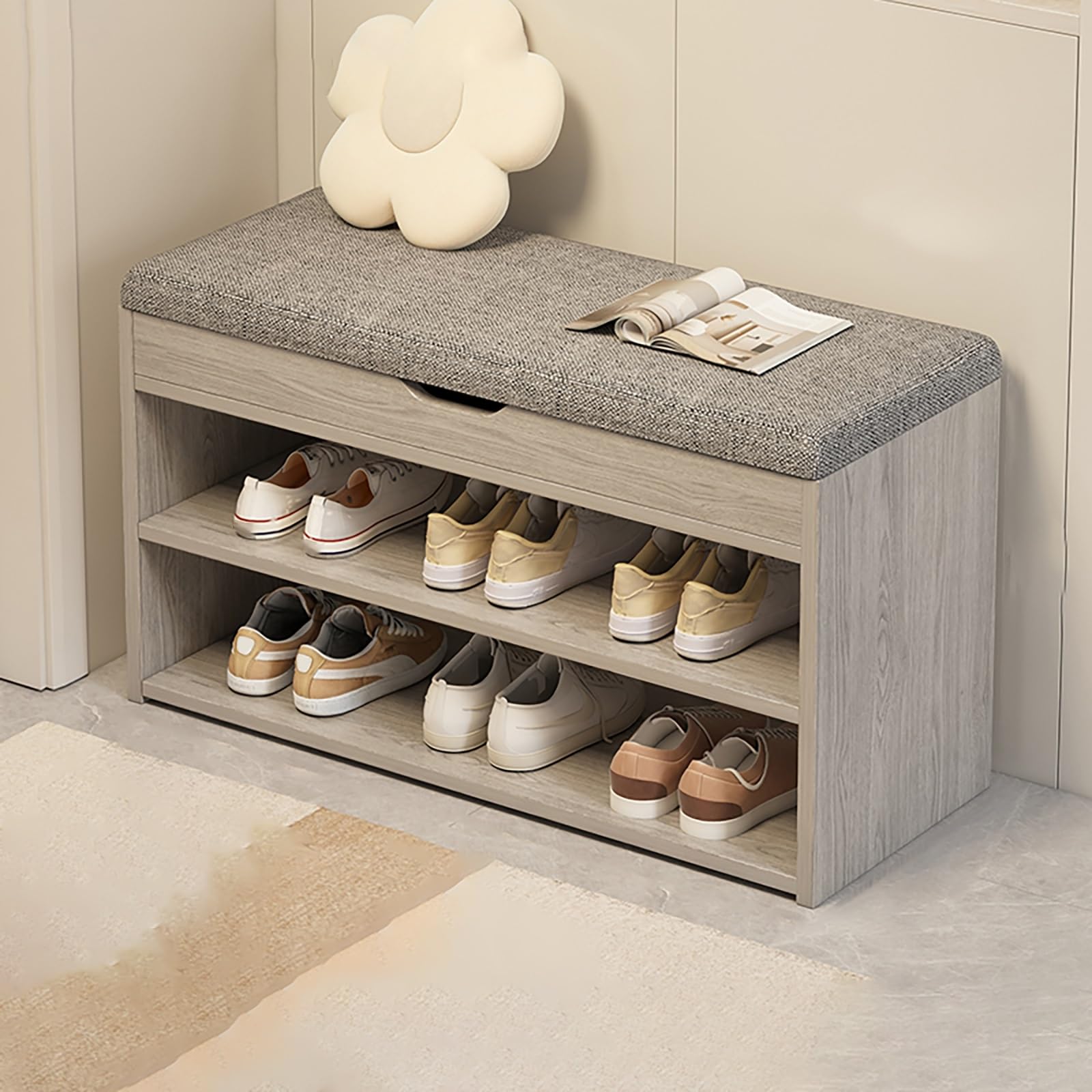 Rangement chaussures bois pour entrée étroite avec banc confortable