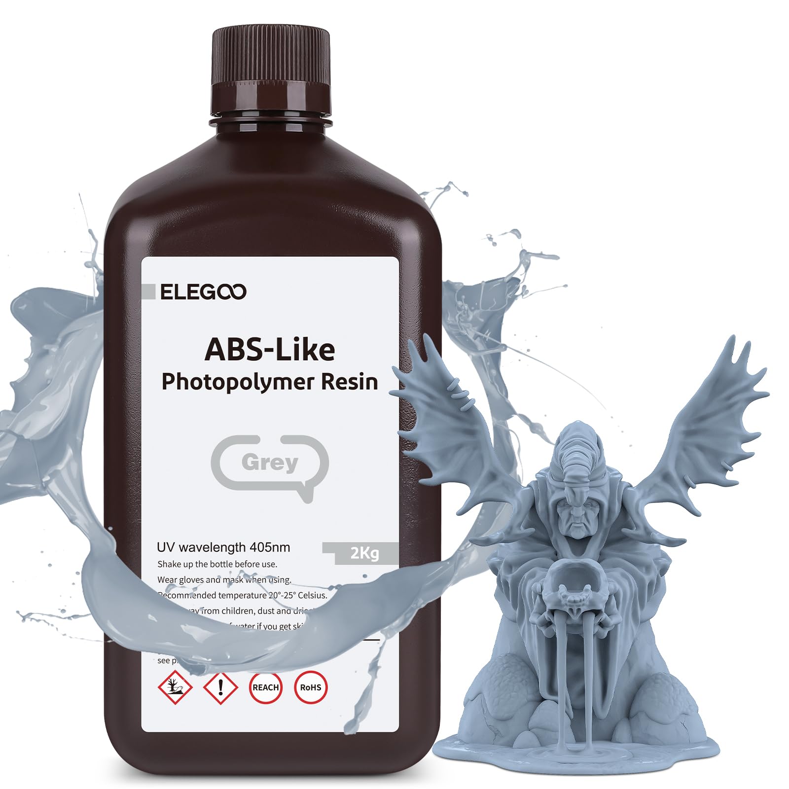 ELEGOO ABS-Like Resin Rapid UV Curing 405nm Standard Photopolymer Resin ABS 3D Resin High Precision Non Brittle Non Toxic for LCD 3D Printer Grey 2000G