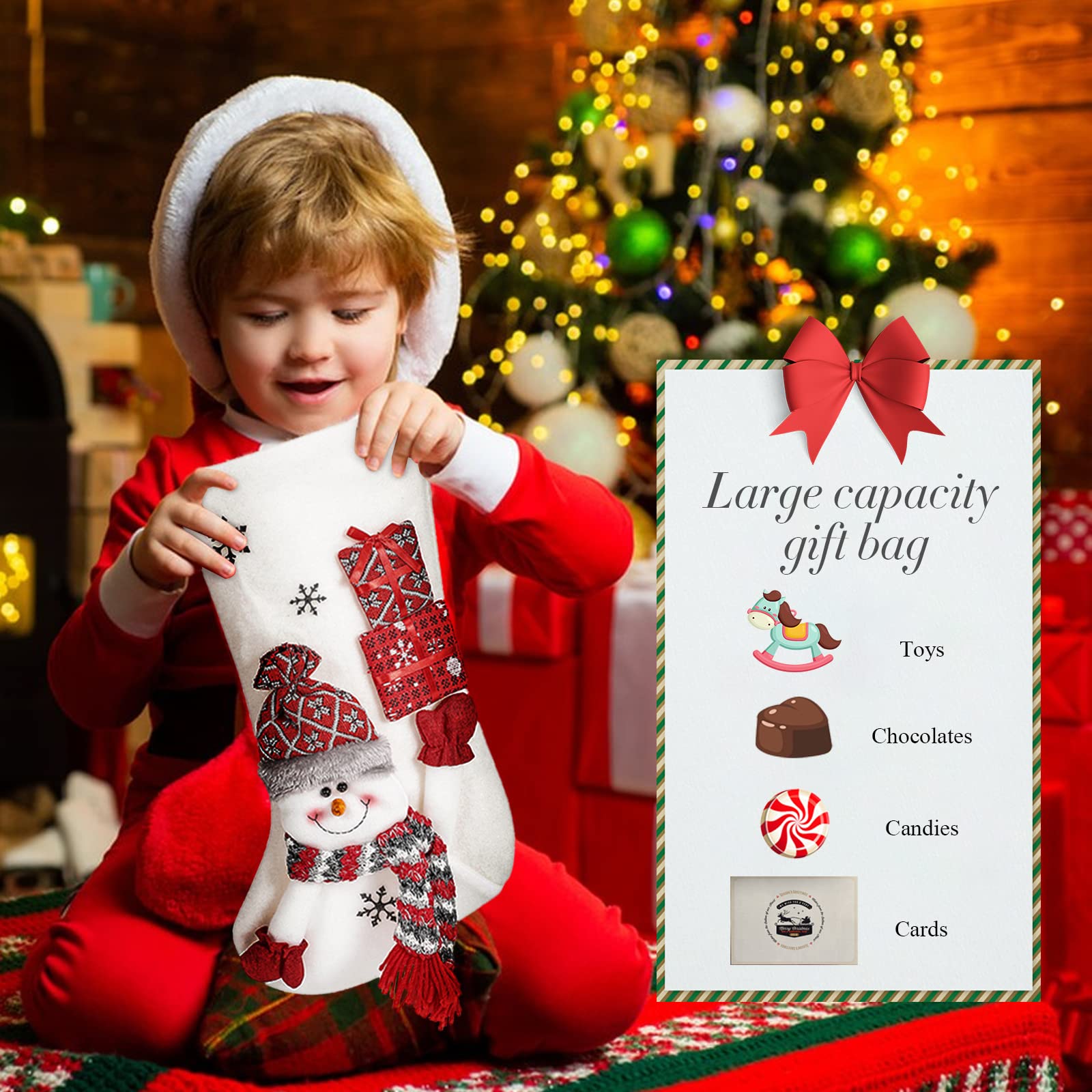 LumiSyne 3er Set Weihnachtsstrumpf 49cm Groß Nikolausstiefel Weiß Plüsch Mit Weihnachtsmann, Schneemann, Rentier Weihnachtssocken Geschenktüte Hängende Strümpfe Für Kamin Weihnachtsbaum Weihnachtsdeko