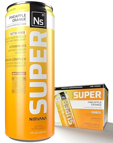 NIRVANA Super Seltzer, Pineapple Orange - Seltzer con infusión de HMB con vitamina D3, complejo B y cafeína, promueve la masa muscular magra +