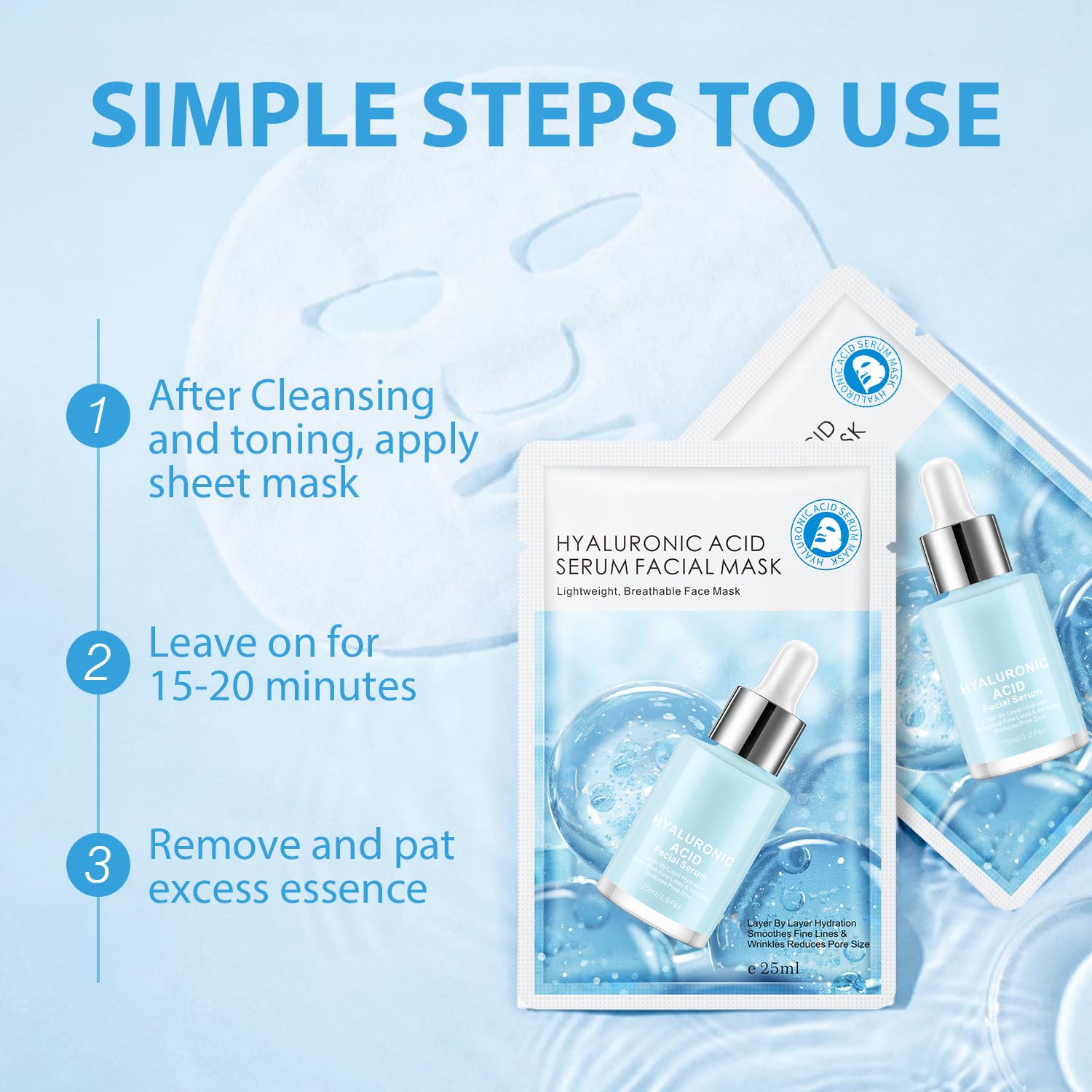 Pack of 10 Hyaluronic Acid Face Masks Skincare, Daily Care Face Sheet Mask Hydrating Deep Moisturizing Facial Mask for All Skin Types Beauty Facial Mask