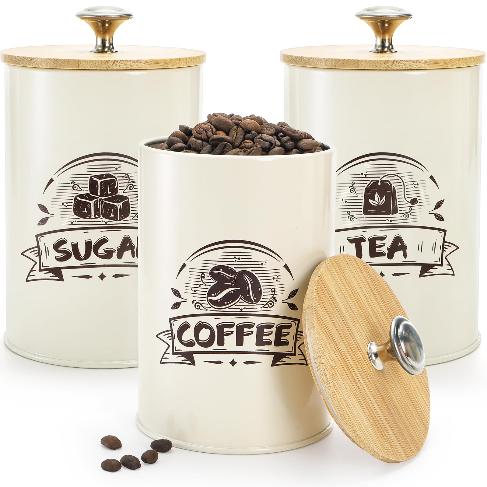 Photo 1 of Covzoe 3 Pack Small Canisters for Kitchen, 26 Oz Metal Coffee Sugar Tea Canisters Set with Airtight Bamboo Lids, Mini Food Storage Containers Jars for Tea, Flour, Cookies, Spices, Countertop