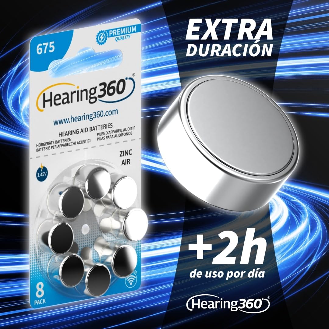 120 pilas para audífonos tamaño 675 calidad premium, duración extra, compatibles con todos los modelos, sin mercurio (15 blísteres de 8 pilas)