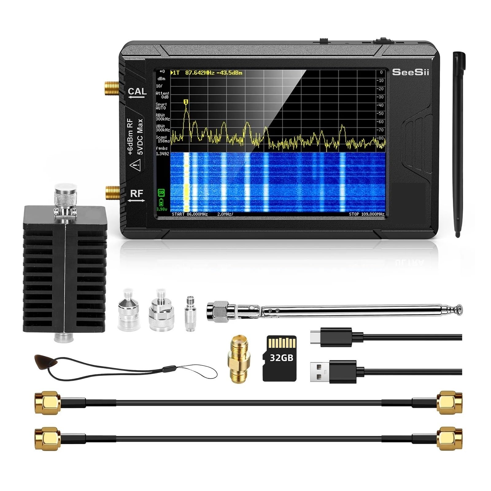 Analizador de espectro, Analizador de Espectro Ultra con Atenuador de 25W Pantalla TFT de 4" 100kHz a 5.3GHz con Tarjeta de 32GB Versión V0.4.5.1