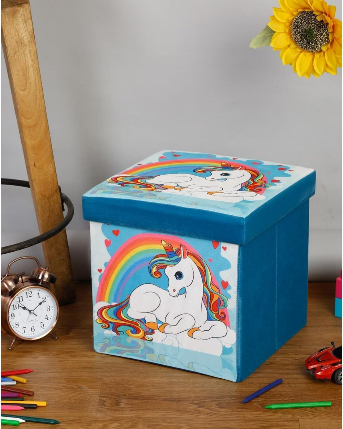 Storage Sitting Stool |Foldable Storage Box |Sitting Stool for Kids Room |Storage Stool Box for Toys |Kids Multi Functional Folding Storage Box Organizer Cum Stool with Seat Cushion, 1 Pc