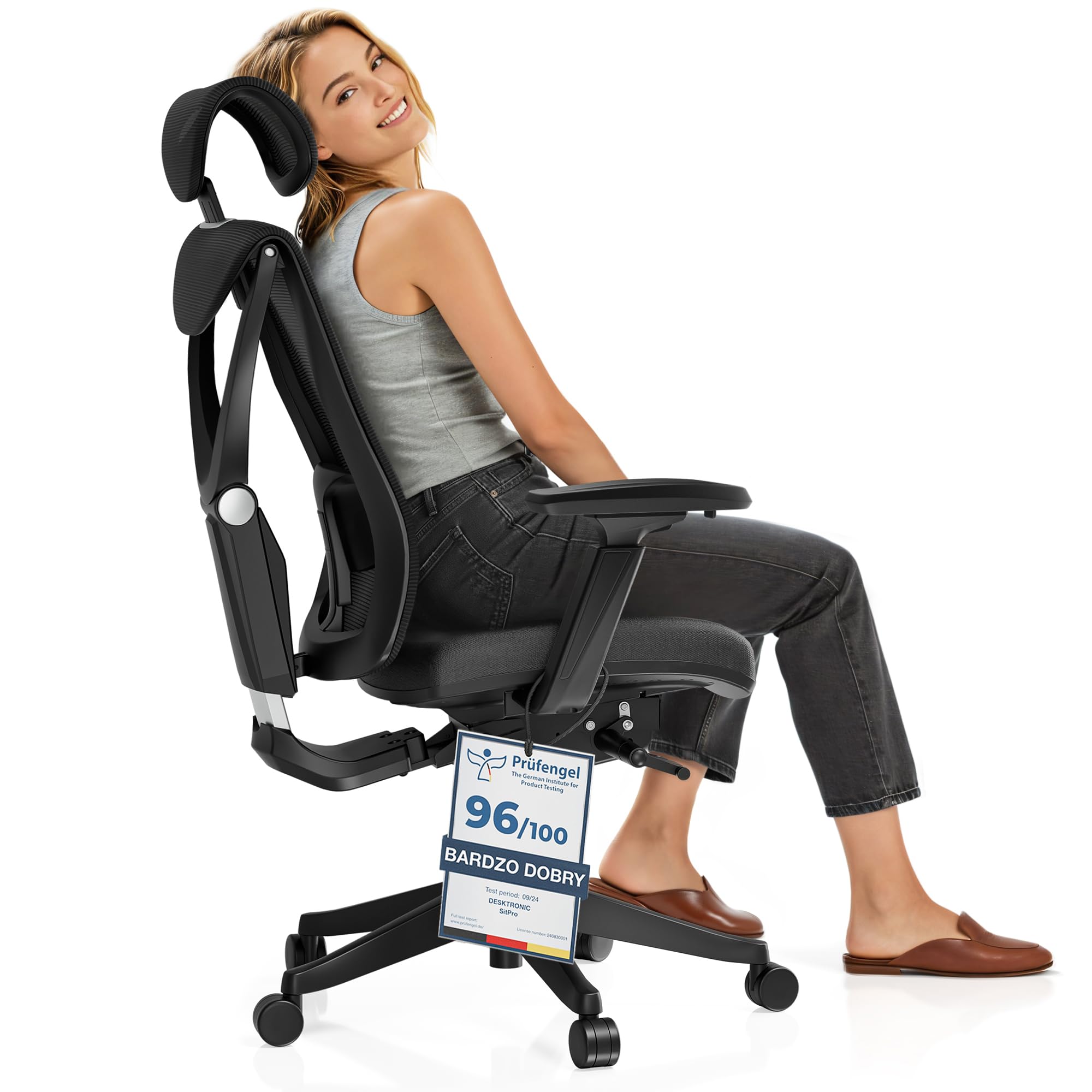 Desktronic Regulowane ergonomiczne krzesło biurowe, krzesło biurkowe z podparciem lędźwiowym, przyjazne dla pleców, bez bólu pleców, krzesło komputerowe, regulacja wysokości i ochrona pleców, szeroka
