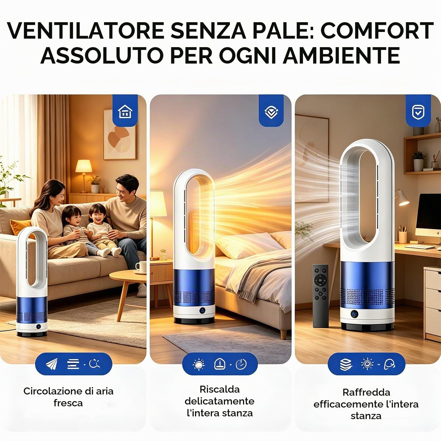 Ventilatore a torre senza pale caldo e freddo da 45,7 cm, oscillante, circolatore d'aria con 8 velocità, timer, purificatore intelligente con telecomando per camera da letto, casa