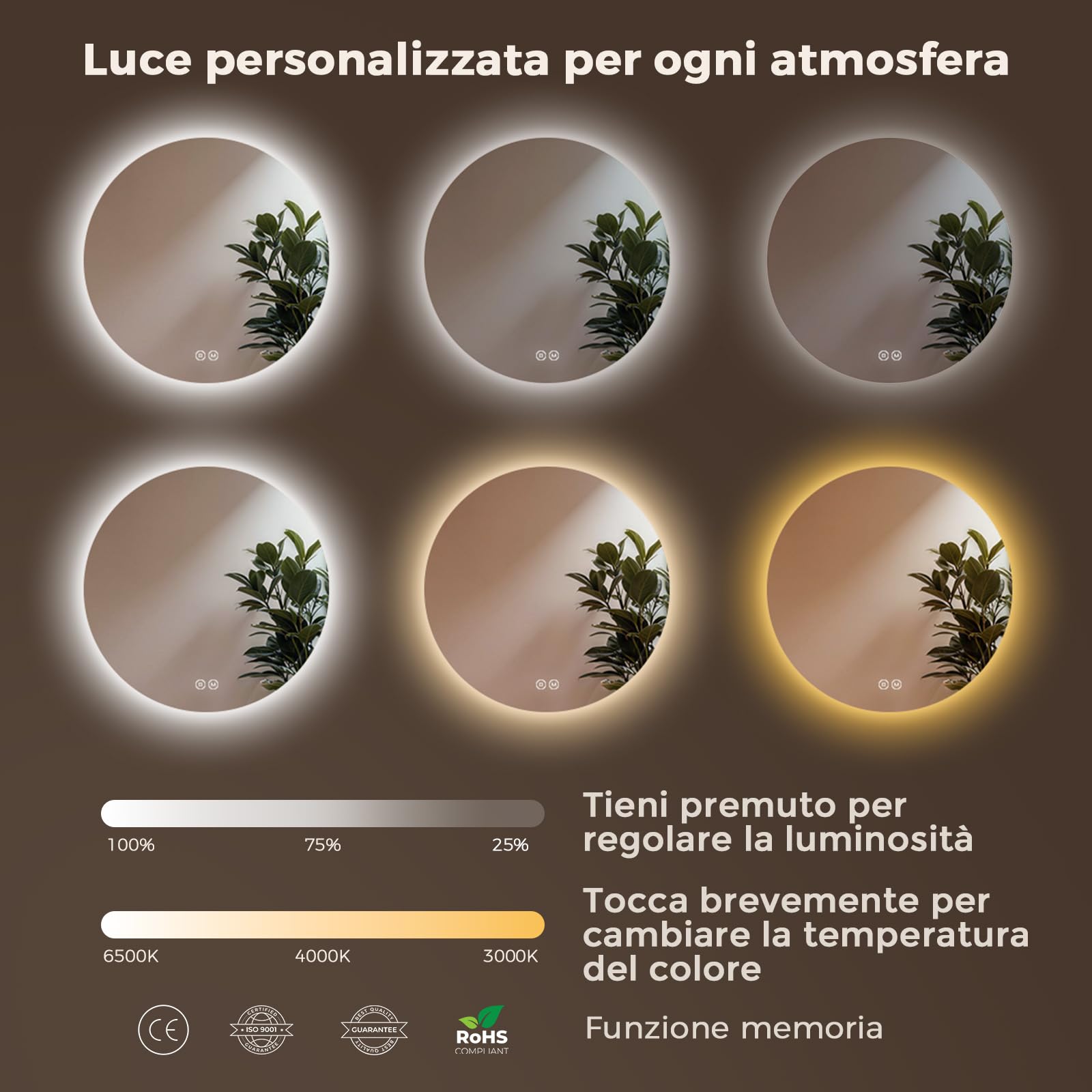 S'AFIELINA Specchio da bagno con illuminazione rotondo, 80cm, specchio LED con interruttore touch, specchio da bagno rotondo con 3 temperature di colore (caldo, neutro, freddo), dimmerabile