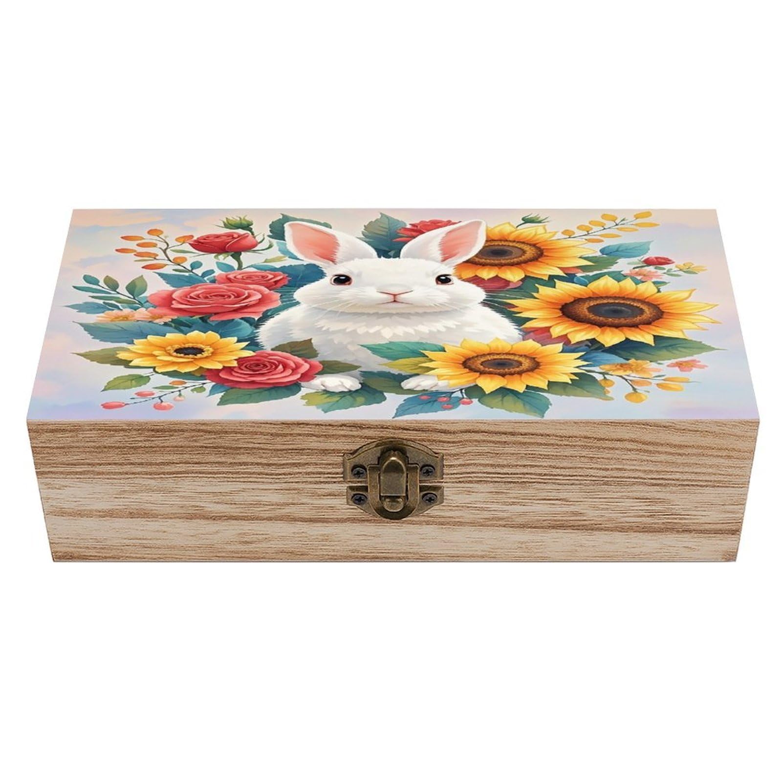 LZQPOEAS Watercolor Rabbit And Flowers Wooden Box Storage Space to Organize Jewelry in A Beautiful Small Storage Box Decorative Card Boxes Memory Treasure Boxes for Crafts And Photo Storage