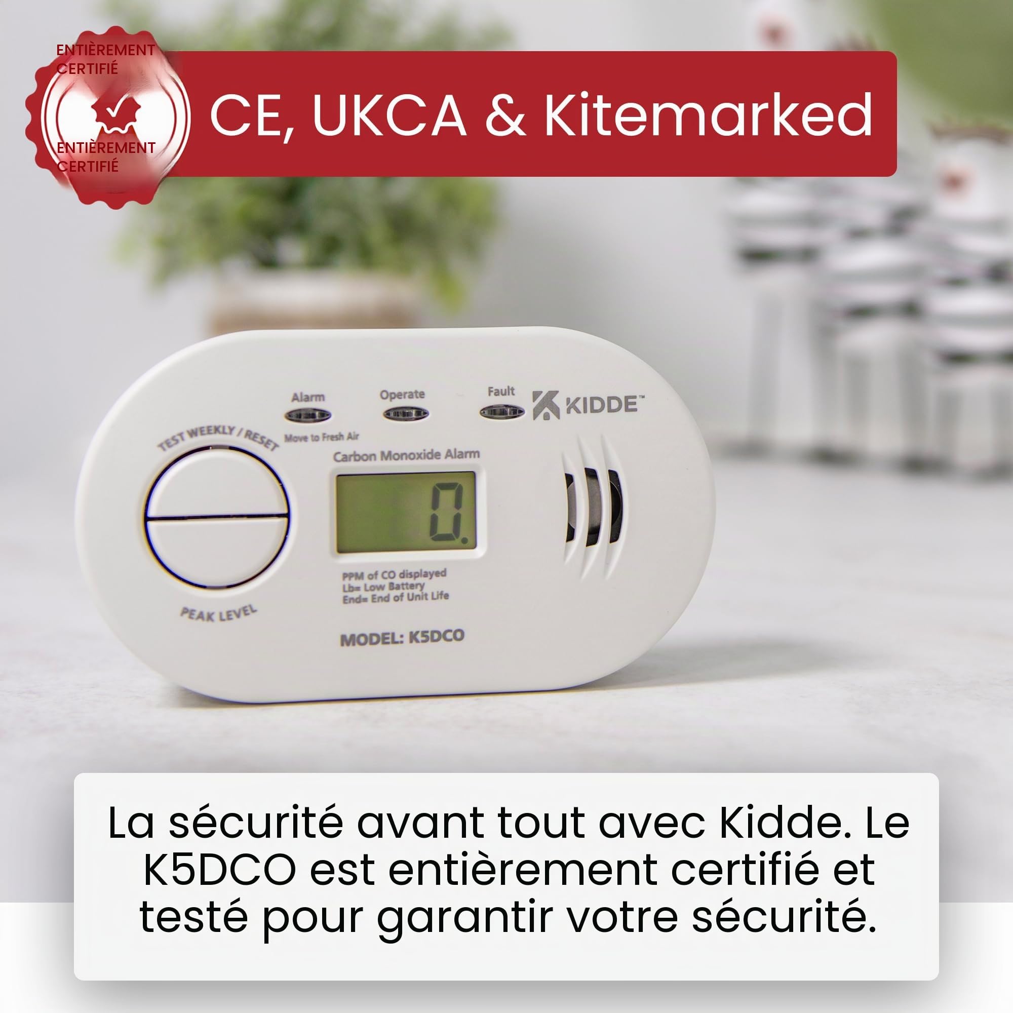 Kidde 5DCO Détecteur de monoxyde de carbone numérique avec piles AA Durée de vie du capteur 10 ans Affichage numérique Alarme CO