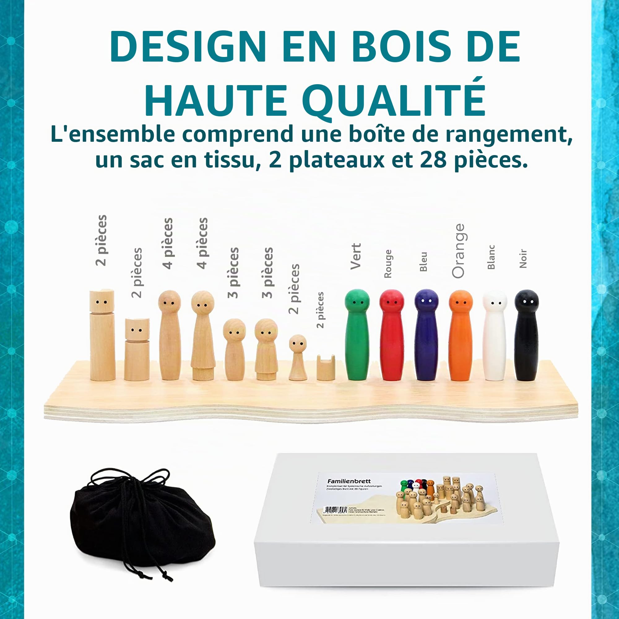 Constellations familiales | Planche systémique en Bois de Haute qualité pour Installation et Coaching en Famille | 32 pièces INCL. Boîte de Rangement