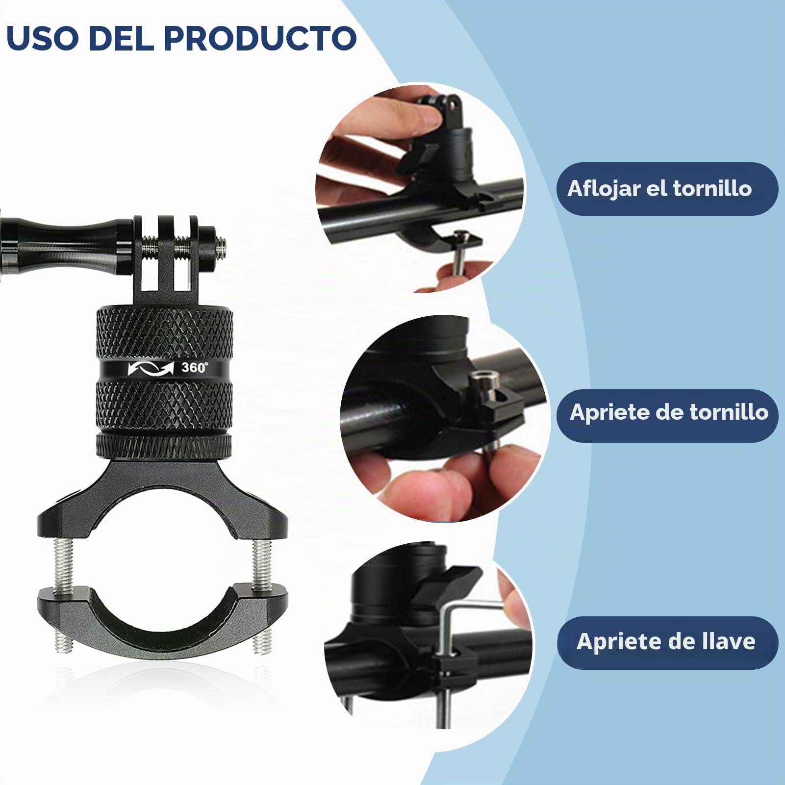 Soporte Universal de Manillar de Aluminio para Cámaras de Acción, Ajustable y Giratorio de 360°, Ideal para GoPro y Otras Cámaras - Perfecto para Bicicletas y Motos (Upgraded model Black)